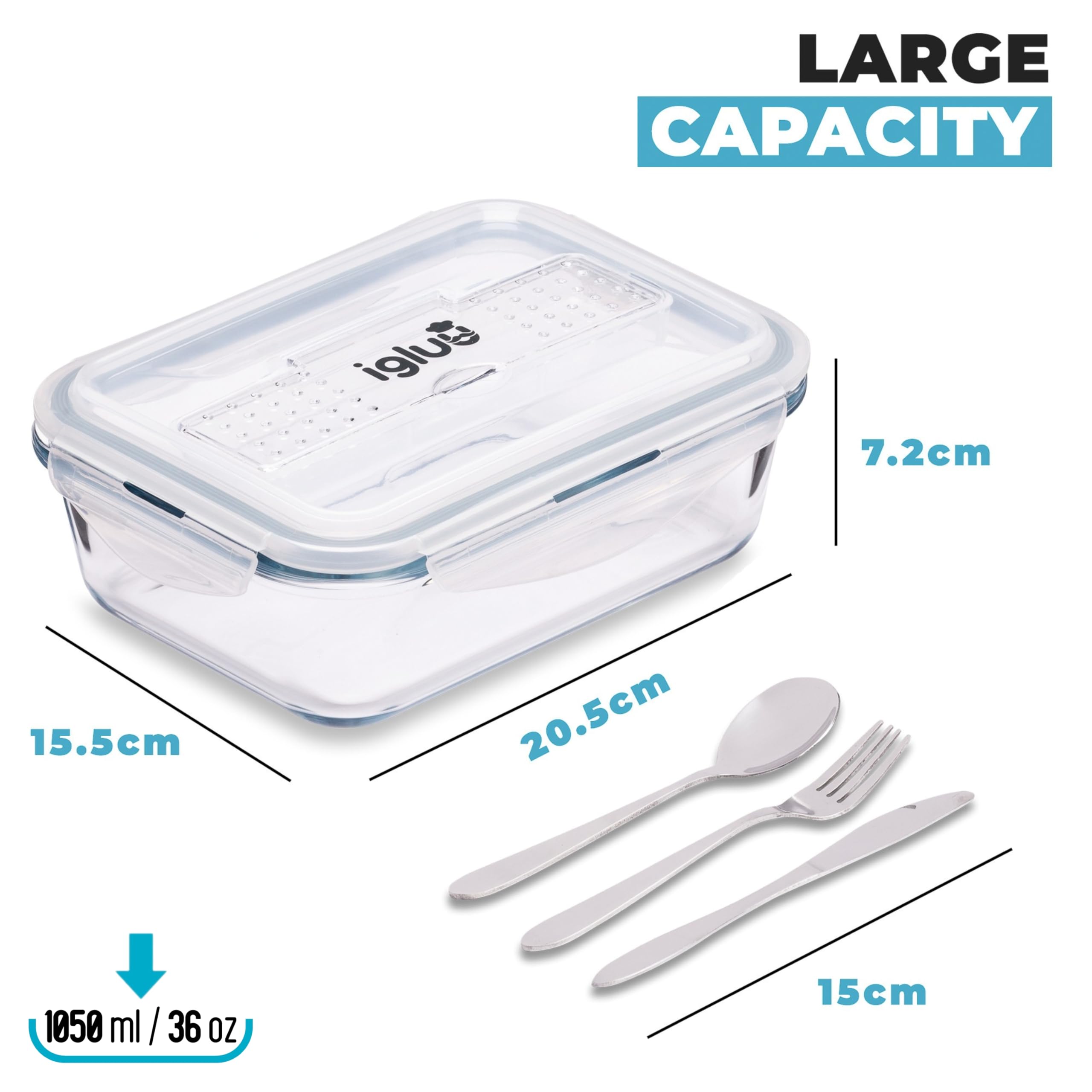 Image secondaire de Igluu Meal Prep - Boîte Alimentaire Hermétique en Verre avec Couverts - Contrôle des Portions Sans BPA - Compatible Micro-ondes,