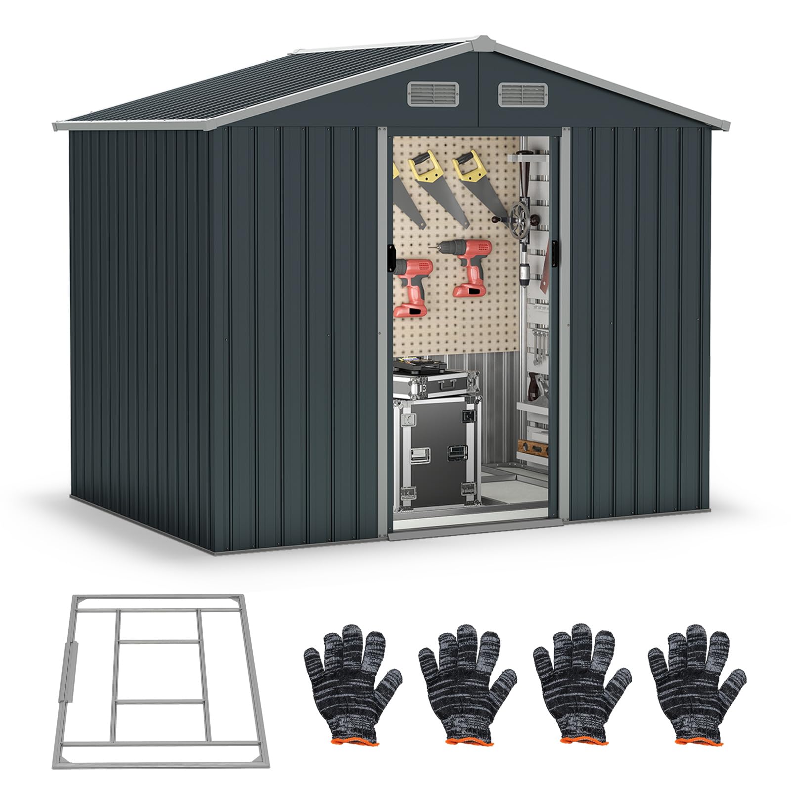 COSTWAY Casetta da Giardino 3,66㎡, Capanno da Esterno con Tetto Spiovente e Porte Scorrevoli, 4 Prese d'Aria e Base, in Metallo Zincato Resistente alle Intemperie, 235 x 171 x 196 cm