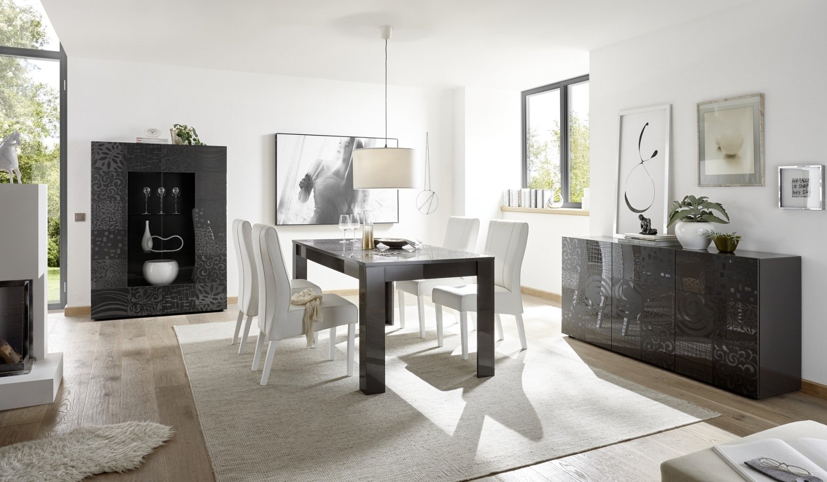 Mobile Vetrina 2 Ante Con Ante In Vetro Serigrafato – Moderno Grigio Lucido, Dimensioni L121 X H166 X P43 Cm, Design Mira 06 - 2