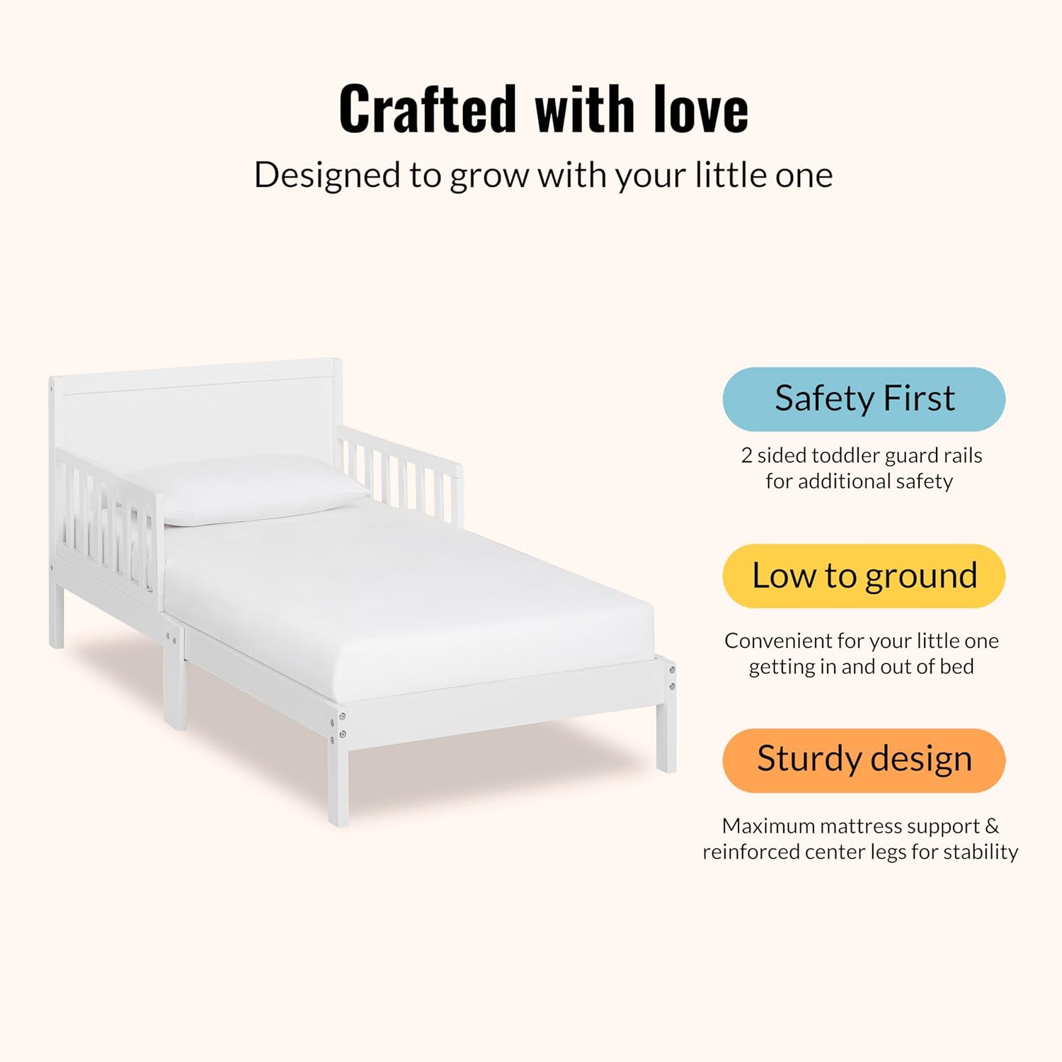 Dream On Me Brookside Wooden Toddler Bed in White, Greenguard Gold & JPMA Certified, Kids Bed with Safety Rails, Low-to-Floor Design, Non-Toxic Pinewood Finish