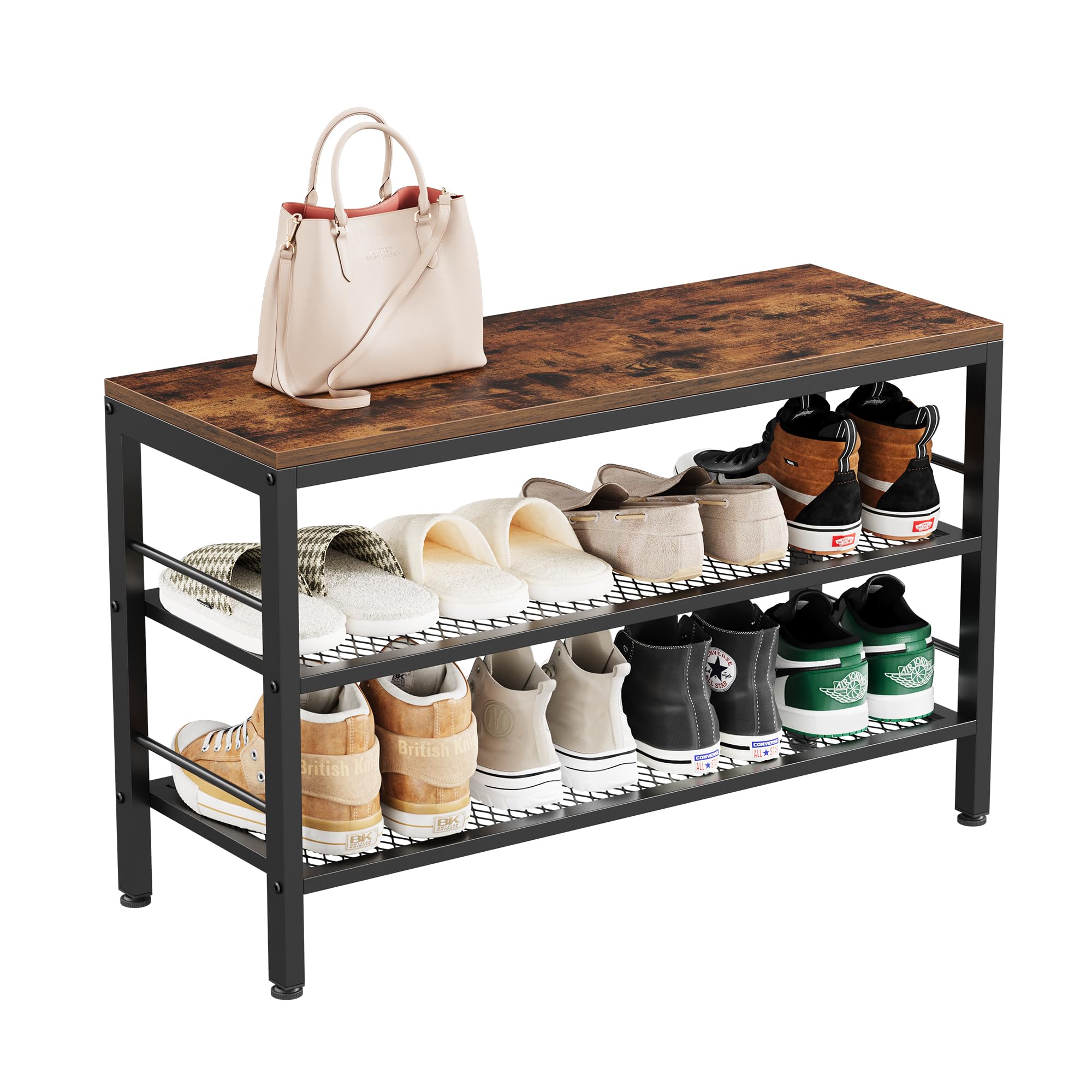 Waissdea Shoe Bench, 3-Tier Shoe Rack, 31.5 Inches Entryway Bench with Metal Mesh Shelves and Rustic Brown Seat, Industrial Shoe Rack Bench for Enreyway, Living Room, Mudroom, Hallway