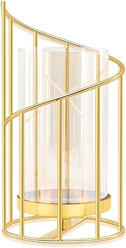 Portavelas dorado de huracán, portavelas dorados para velas de pilar con funda de vidrio transparente, elegante centro de mesa para bodas, cenas,