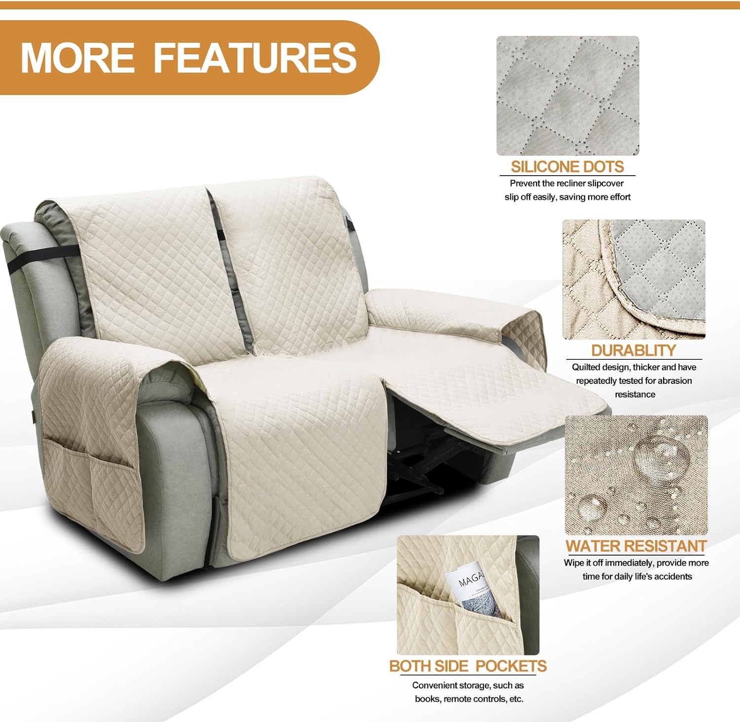 XINEAGE Quilted Recliner Chair Cover + Recliner Loveseat Cover+ Recliner Sofa Cover (Beige