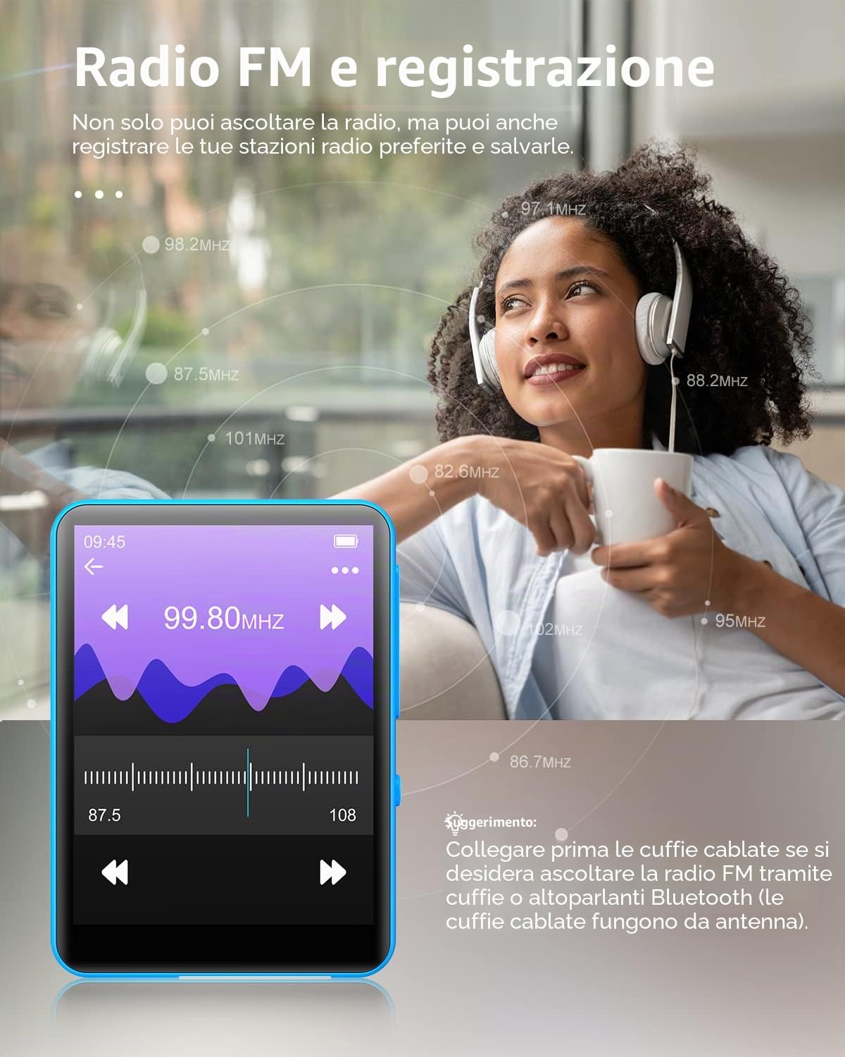 Lettore MP3 da 64 GB con Bluetooth 5.0, joliker portatile digitale senza perdita di musica MP3, touchscreen completo 2.4IN, altoparlante HD integrato, auricolari inclusi, massimo fino a 128 GB