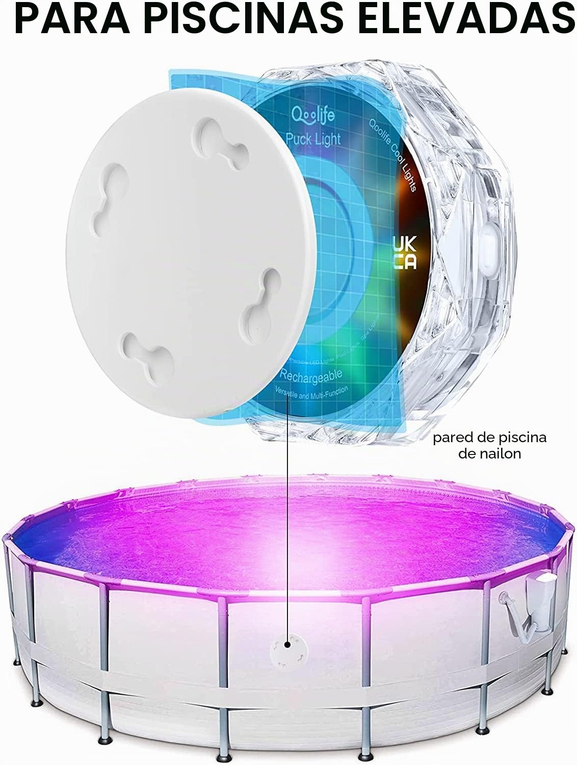 Qoolife 4" 20LED Magnetic Submersible LED Light - Emparejamiento con mando a distancia, control en grupos, luces sumergibles recargables impermeables para piscinas, brillante y fuerte imán (2 Pack)
