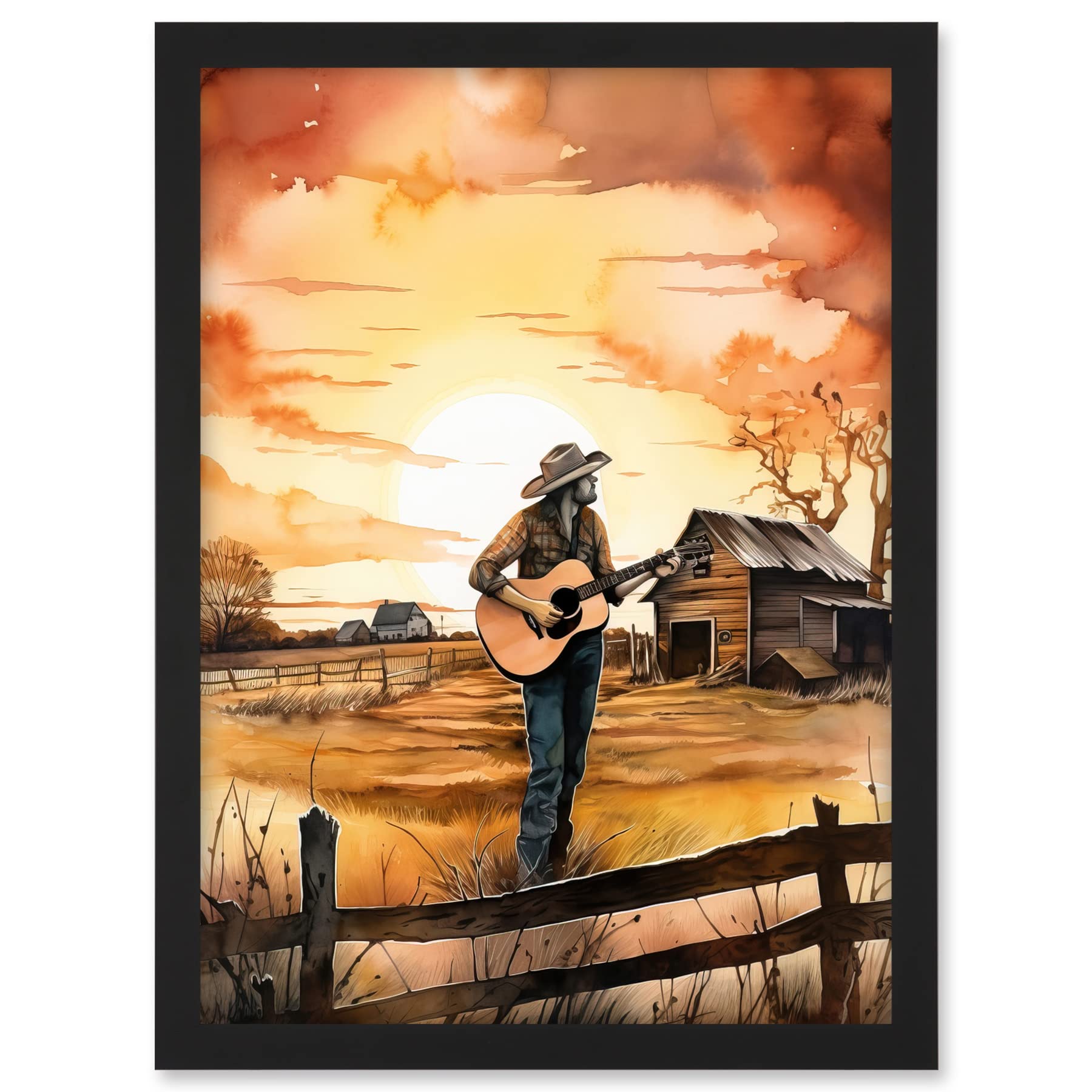 Artery8 Man Playing Country Music Guitar in Countryside Farm on Sunset Modern Watercolour Painting Artwork Framed A3 Wall Art Print