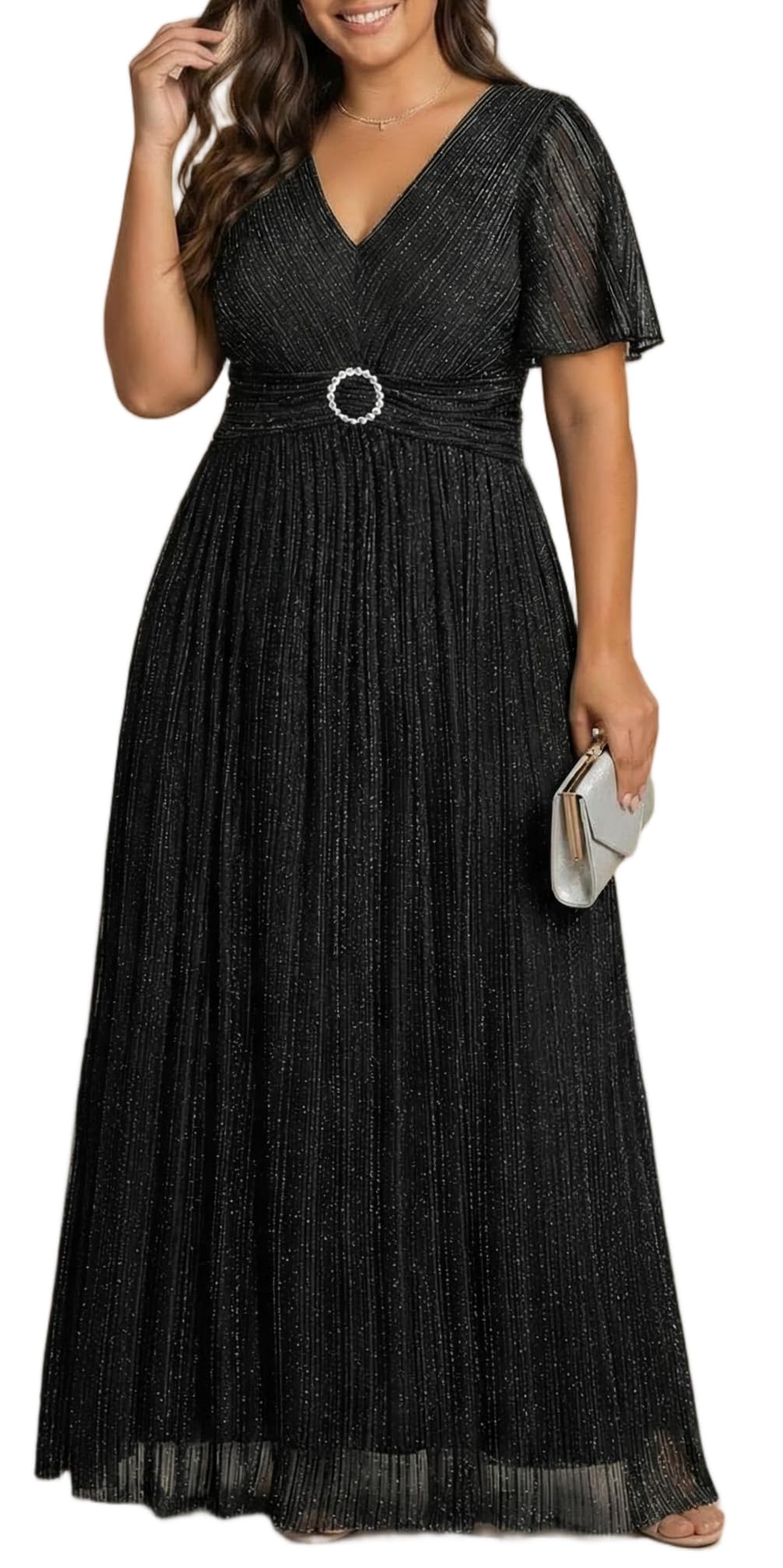 Talisea Plus Size Formal Dresses - Wedding Guest Evening Gown Sparkly Sequin Prom Gala Ball Maxi Dress with Short Sleeves