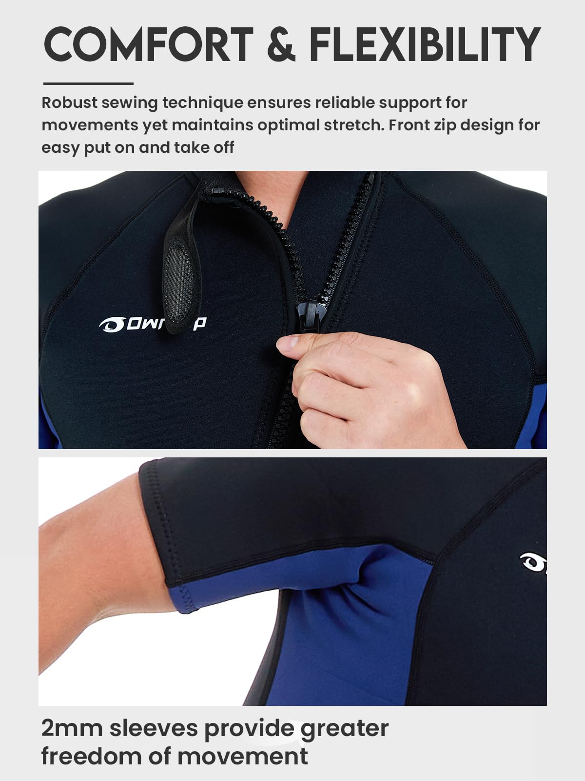 Owntop Muta da uomo Shorty 3 mm - Neoprene Shorty con cerniera frontale, a maniche corte per surf, nuoto, immersioni e triathlon - 5