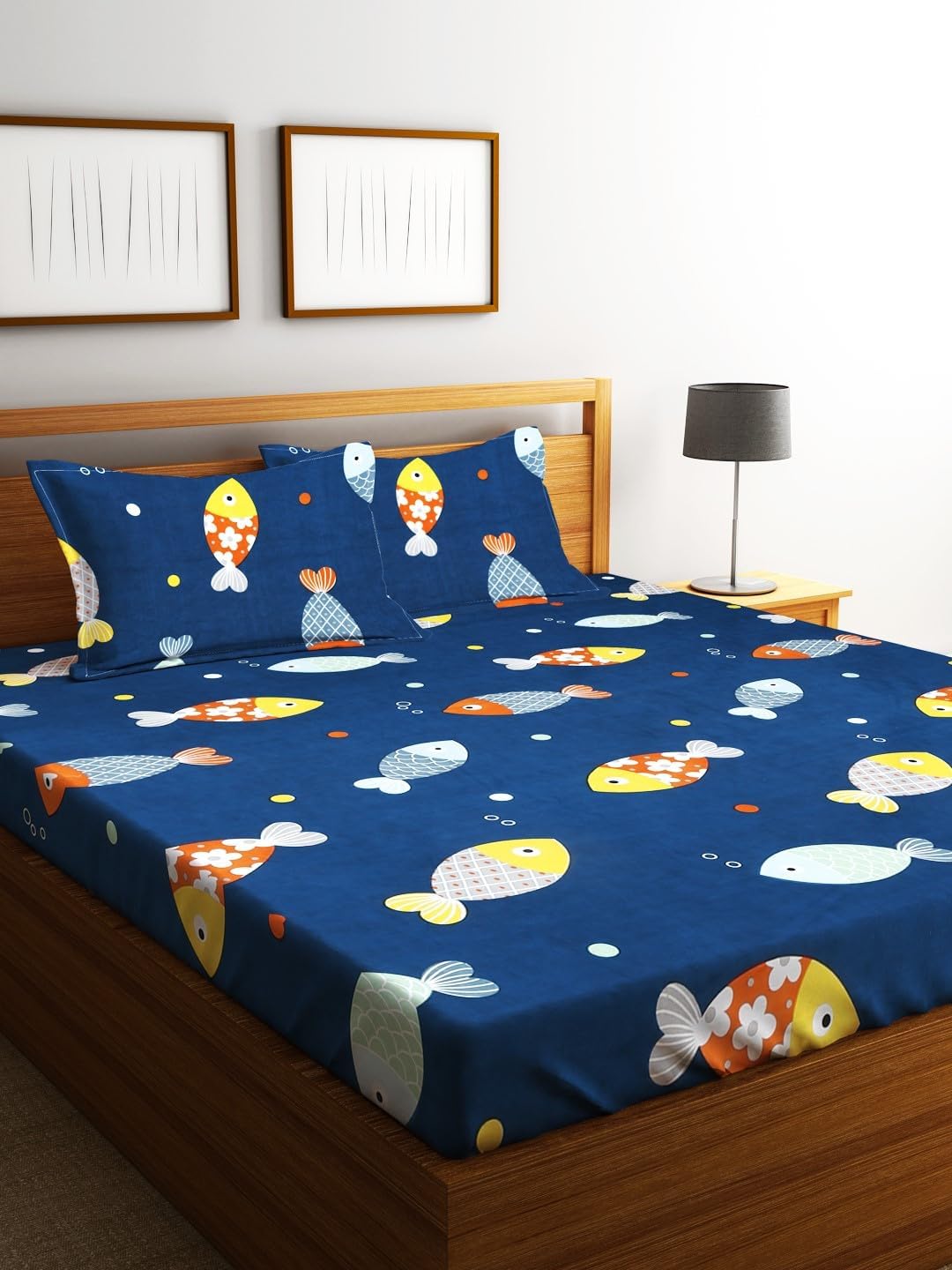 Home Sizzler 144 Tc Microfibre Kid'S Fishes Double Bedsheet With 2 King Size Pillow Covers, Navy Blue