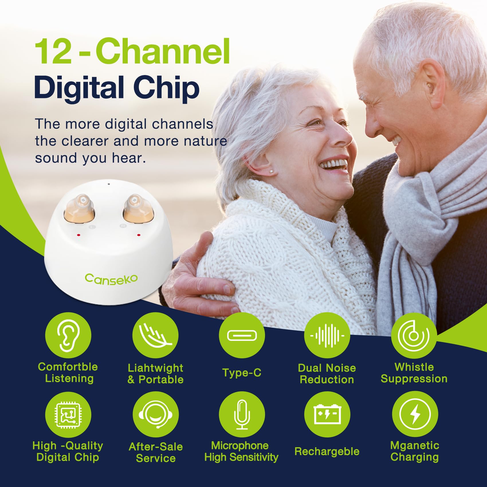 Hearing Aids, CANSEKO OTC Hearing Aids for Adults Seniors Rechargeable with Noise Cancelling, Invisible Hearing Aid, Rechargeable Hearing Amplifier, 1 Pair Beige