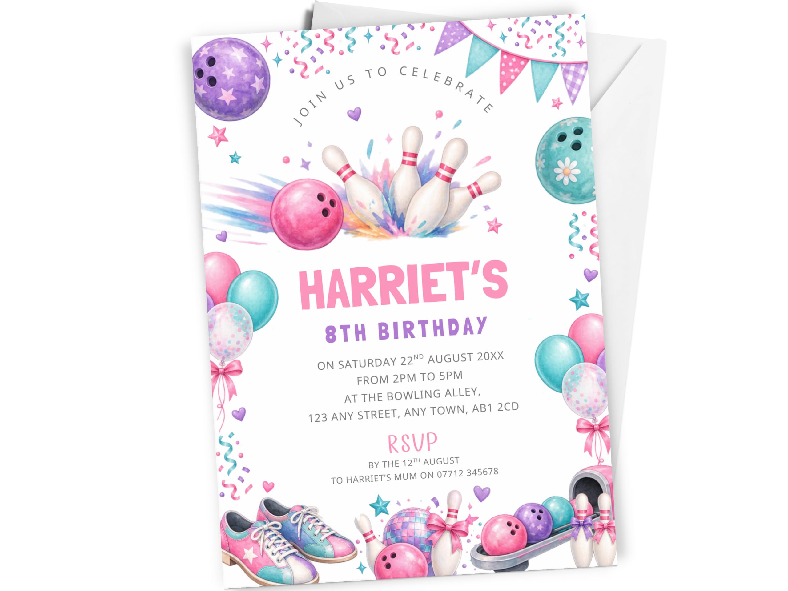 Personalised Bowling Birthday Party Invites x 10, Girls Theme Fun Invites