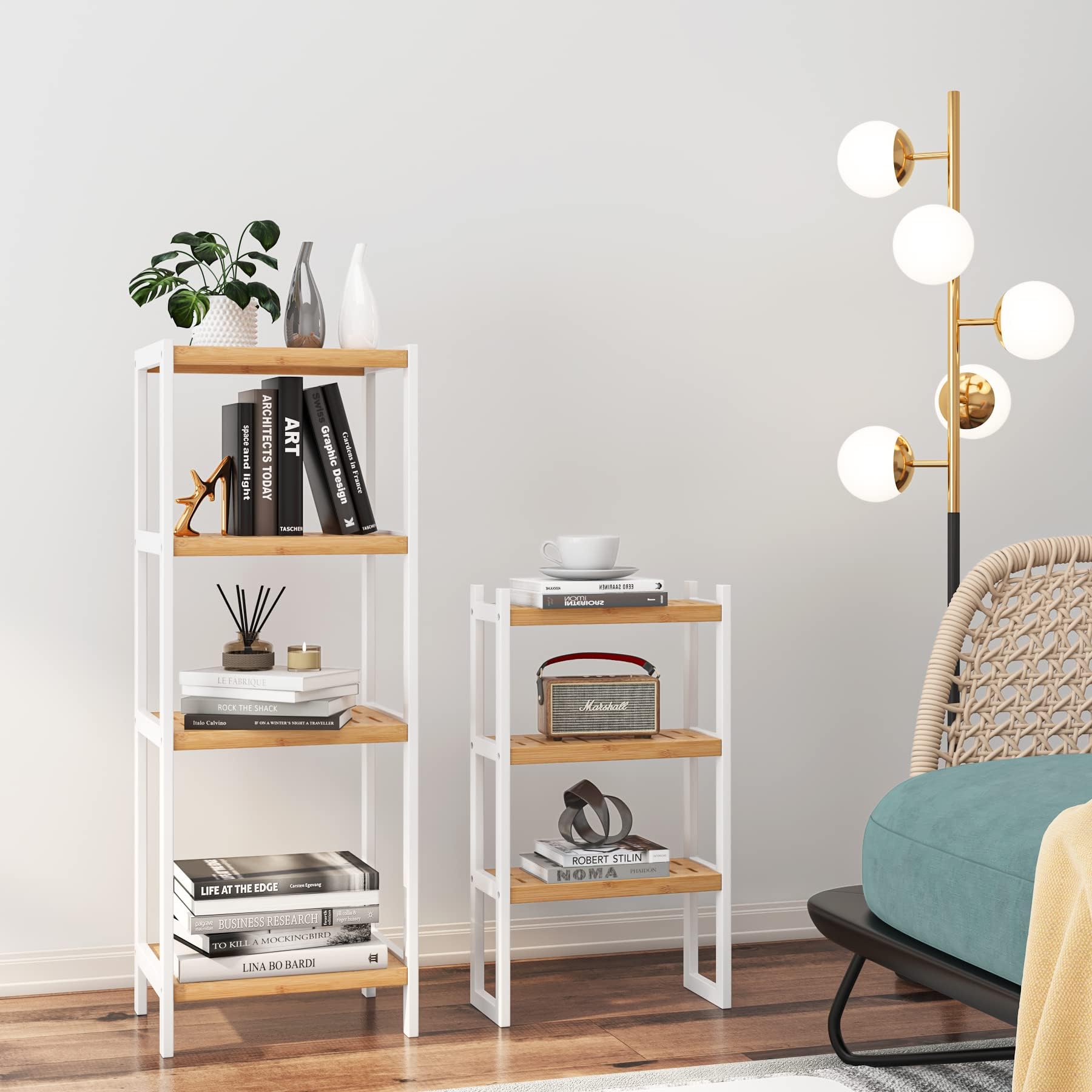 FOREHILL Scaffale Bagno in Bambù con 7 Ripiani Regolabili, Bianco+Naturale | Scaffalatura Portaoggetti,Mensole Scaffale Autoportanti,Ingombro Ridotto,per Bagno, Soggiorno,Cucina, Balcone,160x36x28cm