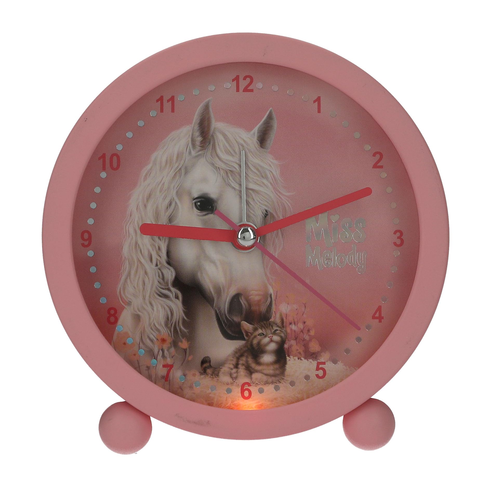 Depesche 14088 Miss Melody - Sveglia Rosa per Bambini con Motivo a Cavalli e Gattini, Orologio Silenzioso con Funzione Luce