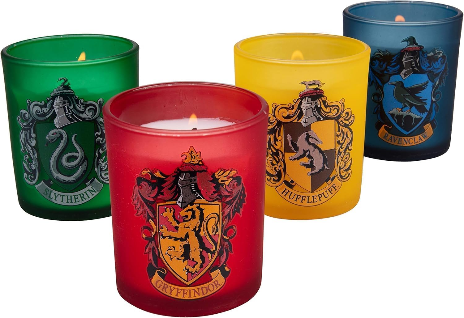Harry Potter Candles Hogwarts House Crests - Gryffindor, Slytherin, Ravenclaw, Hufflepuff - Wizarding World Collectible Decor Gift for Teens and Adults - Set of 4, Unscented Wax 3oz Votive