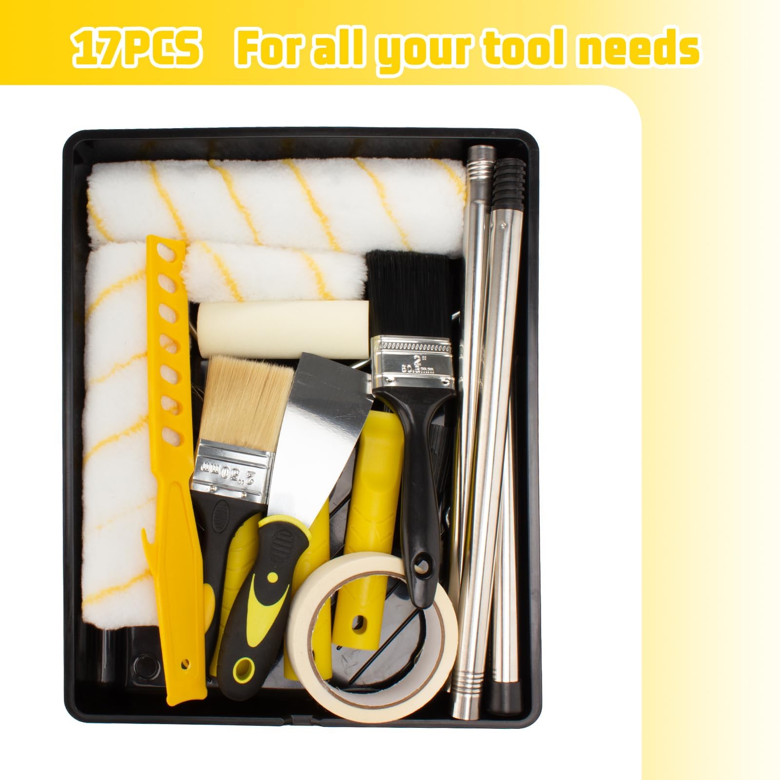 Kit Pittura 17 Pezzi – Rulli 23 cm e 10 cm, Vaschetta, Spazzole, Asta Telescopica 1,5 m – Set Antigoccia per Pareti e Soffitti