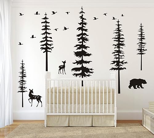 Calcomanías de pared grandes de pino bosque, despegar y pegar con ciervos, osos, gansos salvajes, pájaros, calcomanías de pared de árboles del