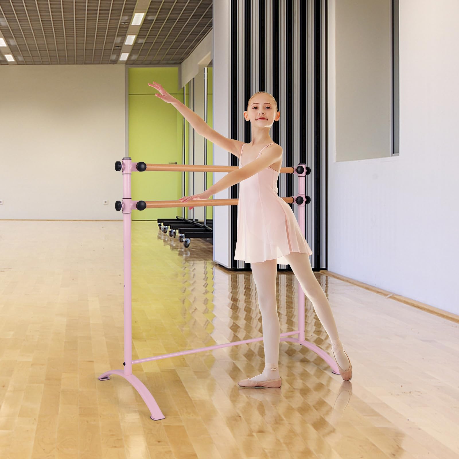 COSTWAY 120cm Ballettstange freistehend, Ballet Bar 4 stufig höhenverstellbar, Ballett Barre mit 2 Holzstangen, Stretch Barre bis 50KG belastbar, ideal für Kinder und Erwachsene