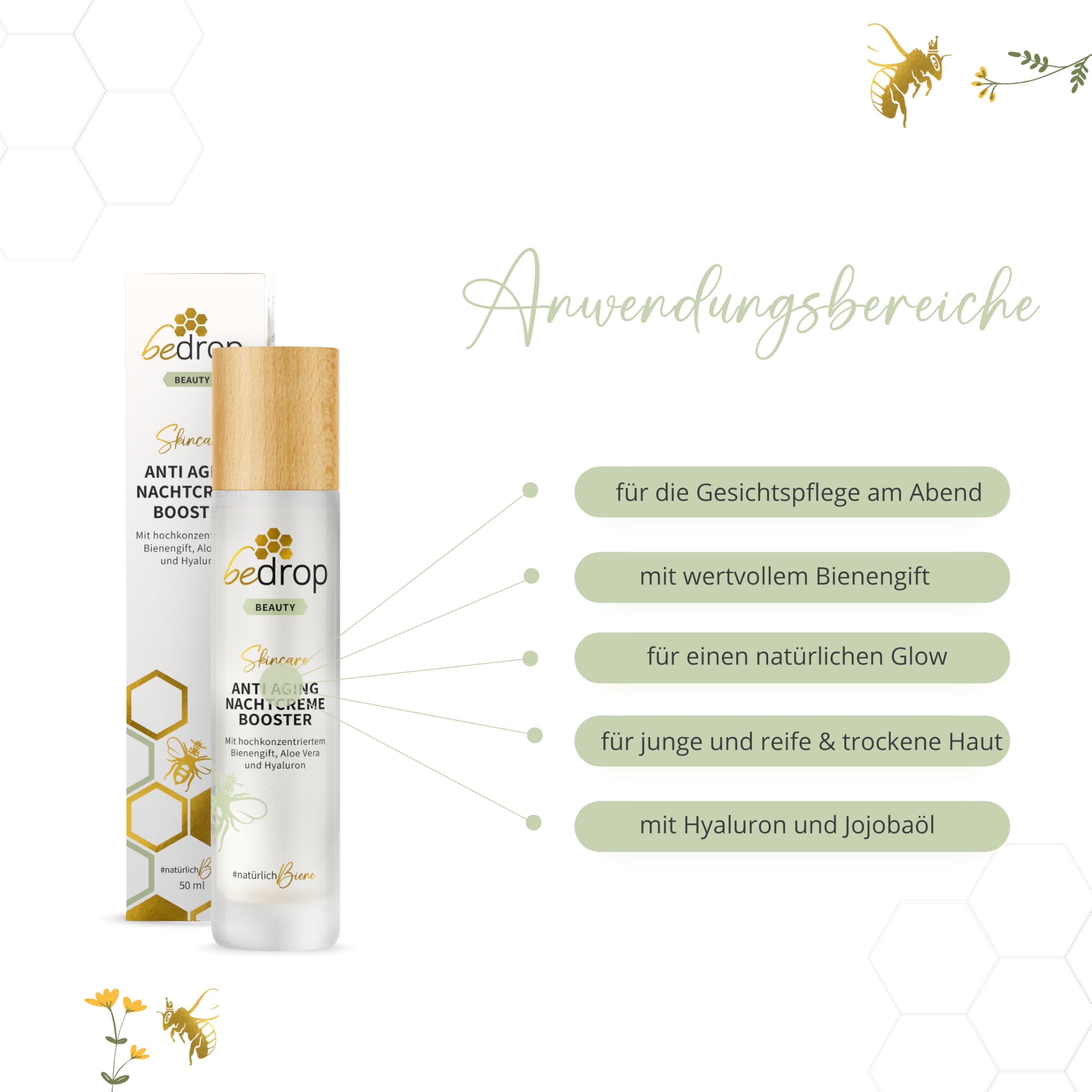 bedrop Anti-Aging Nachtcreme BOOSTER regenerierende Nachtpflege mit Bienengift, Aloe Vera, Hyaluron, Jojobaöl, Vitamin C und Arginin zur Faltenminderung - 50ml (3x 50ml Sparset)