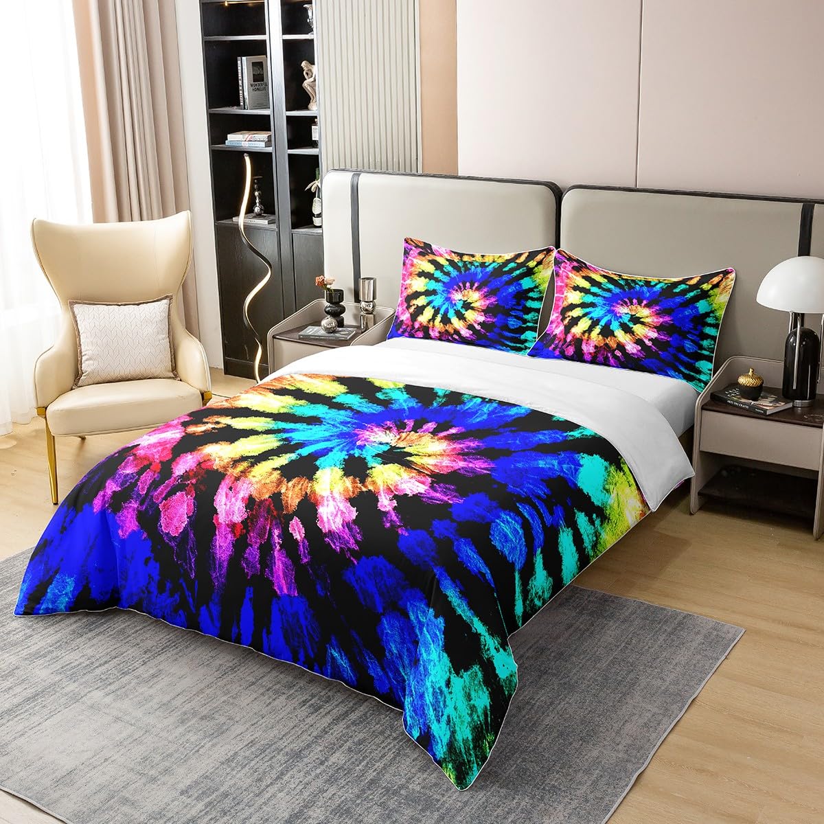 Loussiesd Tie Dye 100% Cotton Duvet Cover King Size 1 Panel Boho Hippie Decorative 100% Cotton Duvet Cover Trippy Tie Dyed Bohemian Gypsy Purple Colorful Bedspread - Image 2