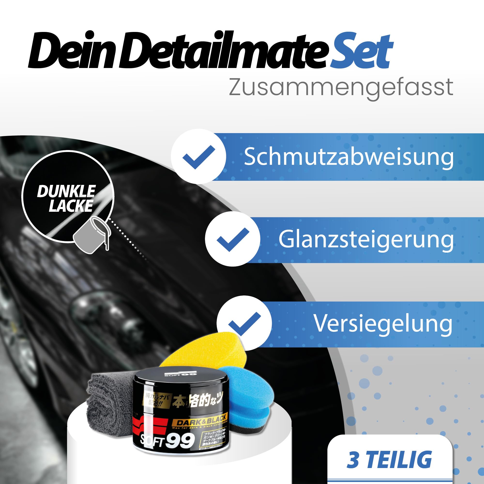 detailmate Wachs Set: Soft99 Dark & Black Wax für Schwarze/dunkle Autolacke,Ultra Flauschiges
