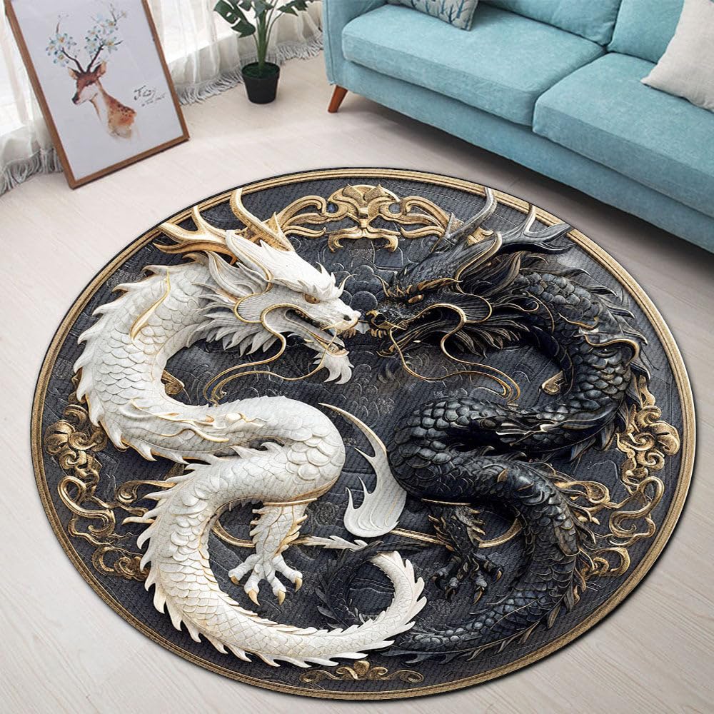 Personalized 3D Yin Yang Asian Dragon Element Area Rug, Anti-Skid Lounge Mat, Indoor Decorative Throw Carpet, Suitable for Leisure Area Bedside
