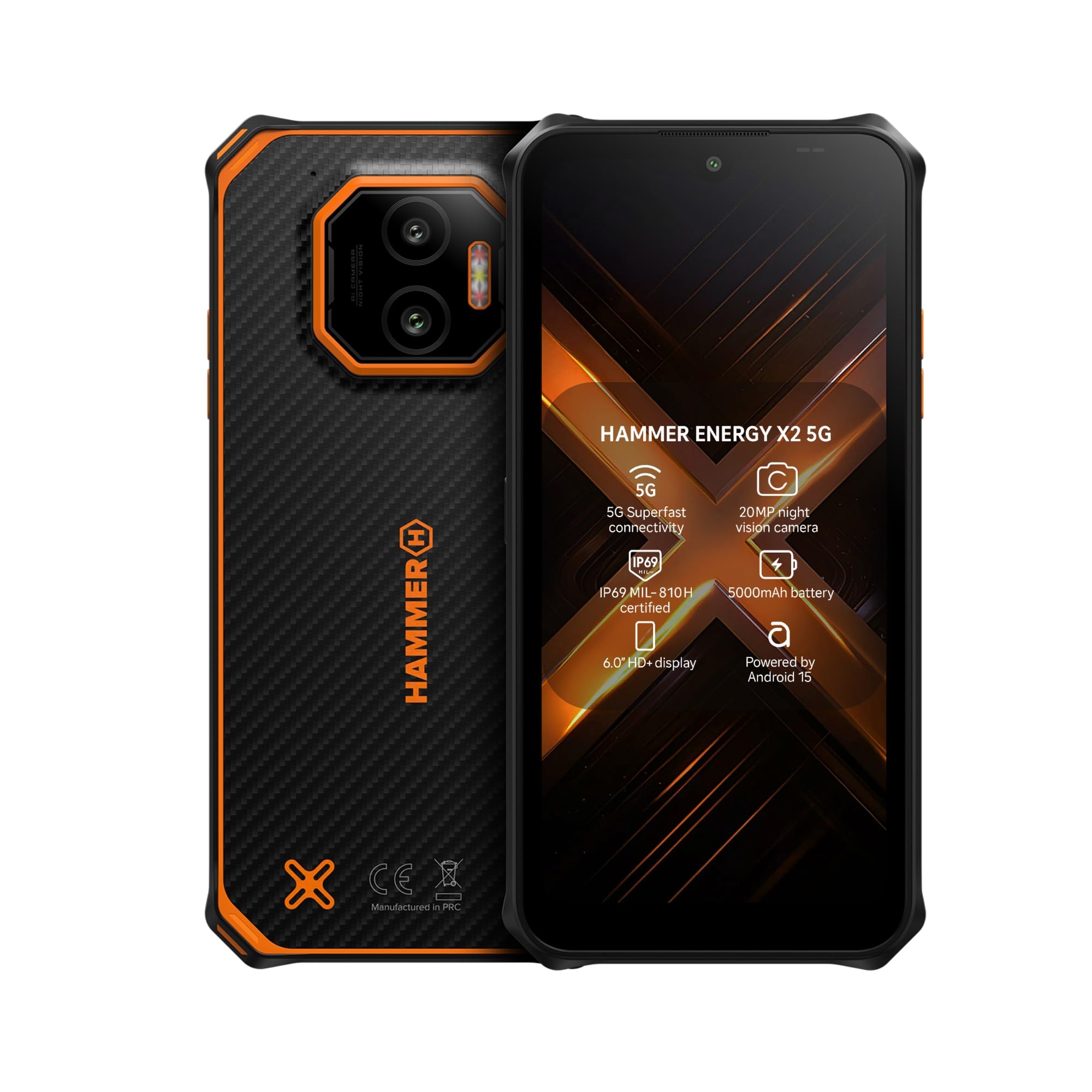 HAMMER ENERGY X2 5G Smartphone rugged Android 15, Telefono indistruttibile 6,1", IP69, 6 + 8 GB RAM, 128 GB di memoria, 5000 mAh, eSIM, garanzia 2 anni