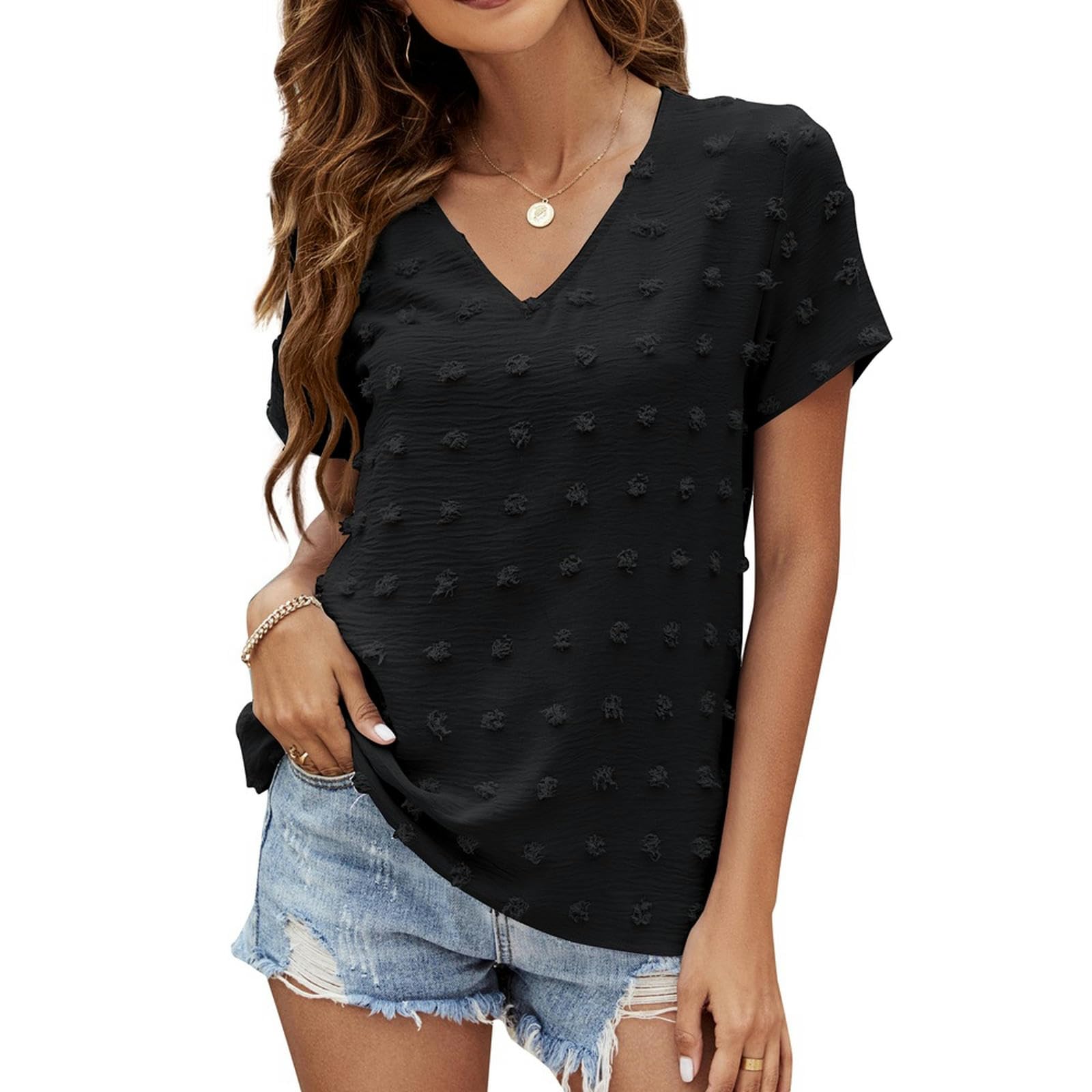 Camicia a Maniche Corte in Chiffon con Scollo a V da Donna, Nuova Estate, Top a Maniche Corte - Azzurro - L