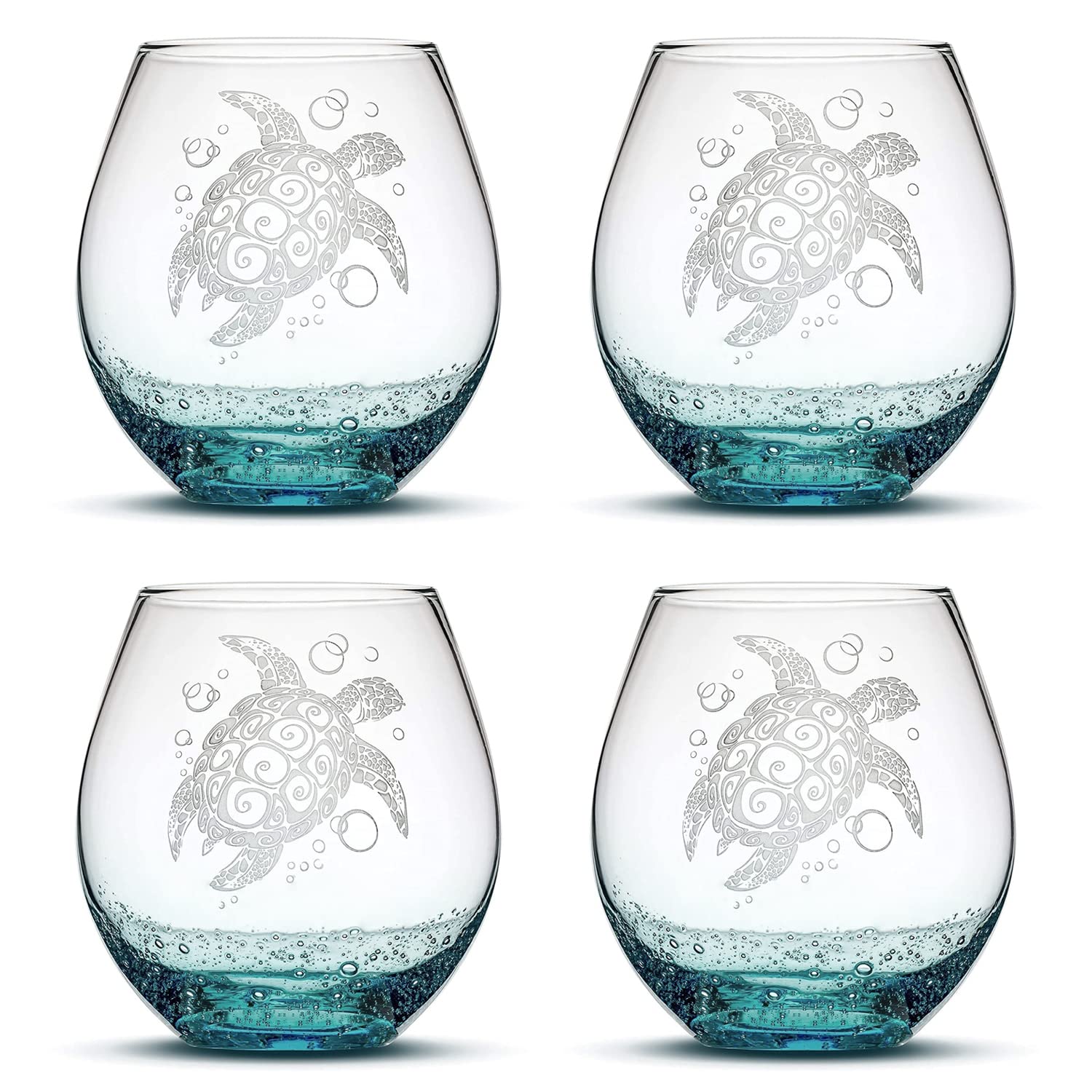 Integrity Bottles Tribal Sea Turtle Design, (Set of 4) Stemless Wine Glass, Handmade, Handblown, Hand Etched Gifts, Sand Carved, 18oz (Bubbly Teal)
