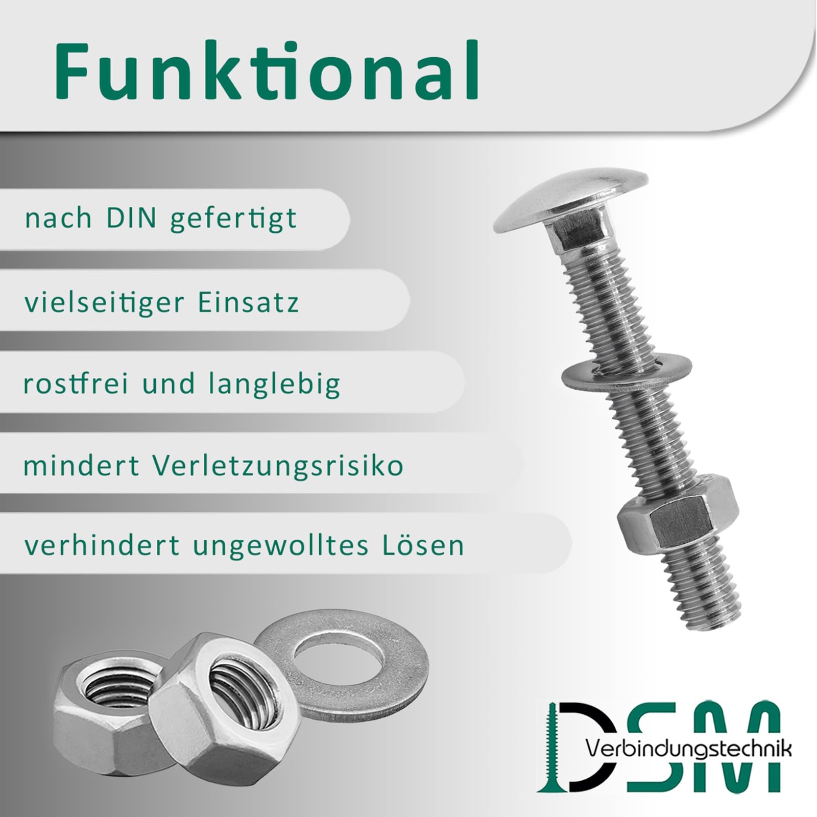 DSM – Viti a testa esagonale M8 x 30 mm secondo DIN 603 – incl. M8 dado esagonale DIN 934 & rondella DIN 125 – in acciaio inox A2/V2A – Viti a testa piatta con attacco quadrato – 50 pezzi
