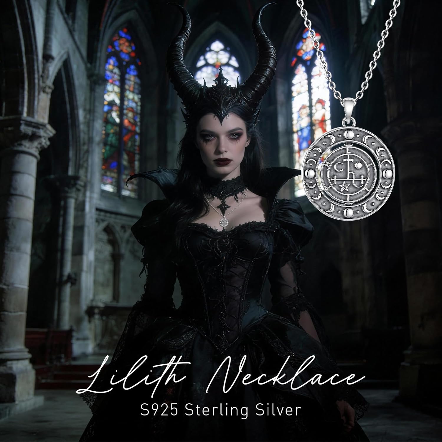 Lilith Necklace Moon Phase Necklaces for Women Rotatable Sterling Silver Black Sigil Of Lilith Pendant Sun and Moon Jewelry Cross Gifts Men - Image 4