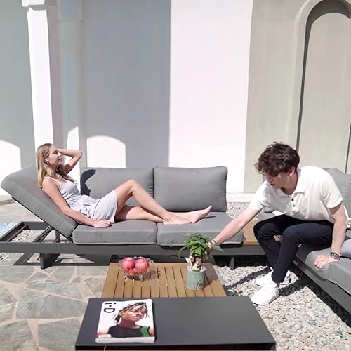 Miniatura 9 de homary Juego de 6 sofás seccionales de aluminio y teca para patio al aire libre, muebles de exterior con respaldos ajustables, impermeables, cojines