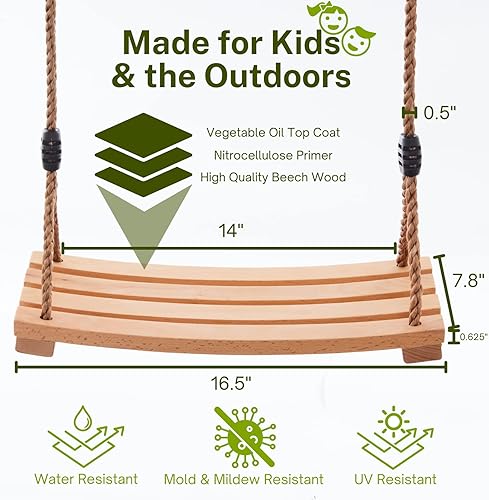 Miniatura 2 de Columpio de árbol de madera para niños doble revestimiento de 165 x 78 pulgadas asiento de madera para exteriores cuerdas de poliéster ajustables