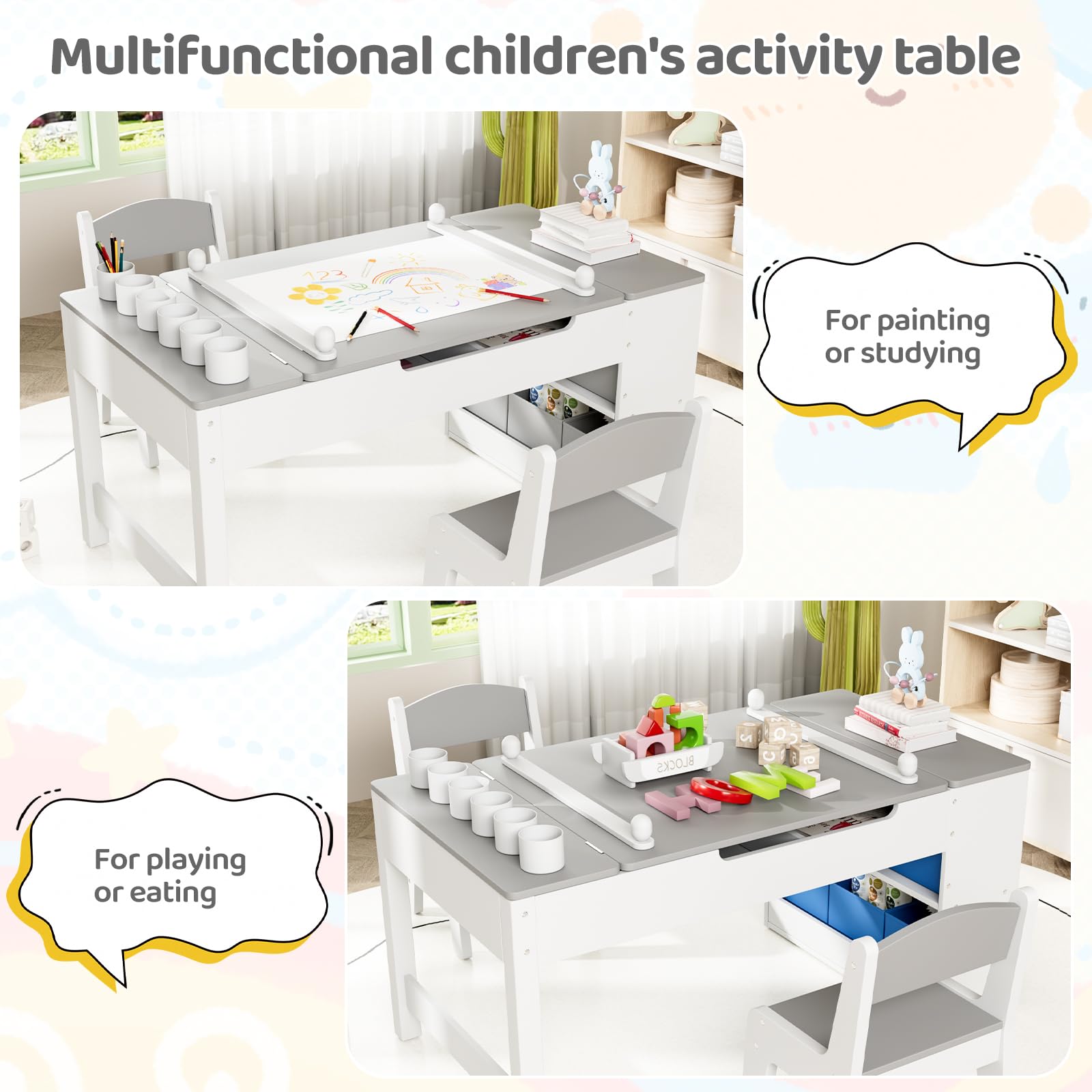 MAMIZO Mesa y Sillas Infantiles Madera con 2 Sillas, Mobiliario Infantil con Espacio de Almacenaje para Niños a Partir de 3 Años, Mesa de Pintura para Habitación Infantil, Sala de Juegos (Gris)