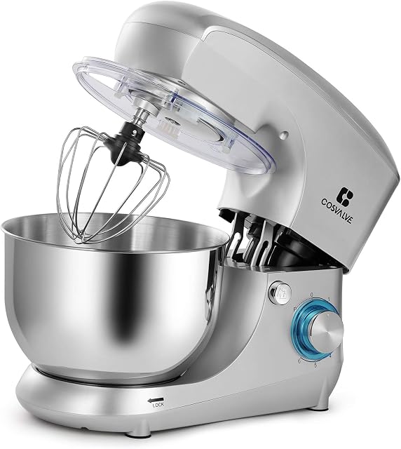 3-in-1 Stand Mixer Mixers For Baking 5.5L Stainless Bowl Food Mixers 6 Speed Settings 1400 W Powerful Motor Lower Noise With Dough Hook, Whisk ,Beater , Splash Guard Silver