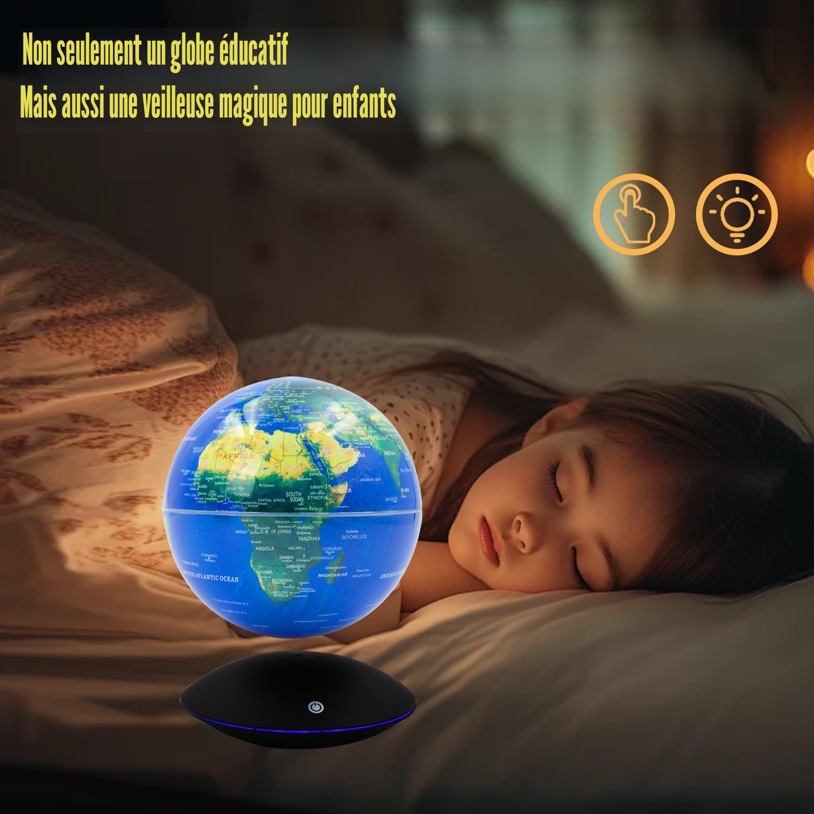 Globe terrestre flottant lumineux avec 7 lumières de couleur, contrôle tactile et dégradé de lumière, champ de lévitation magnétique, carte du monde pour éducation et cadeau, décoration de