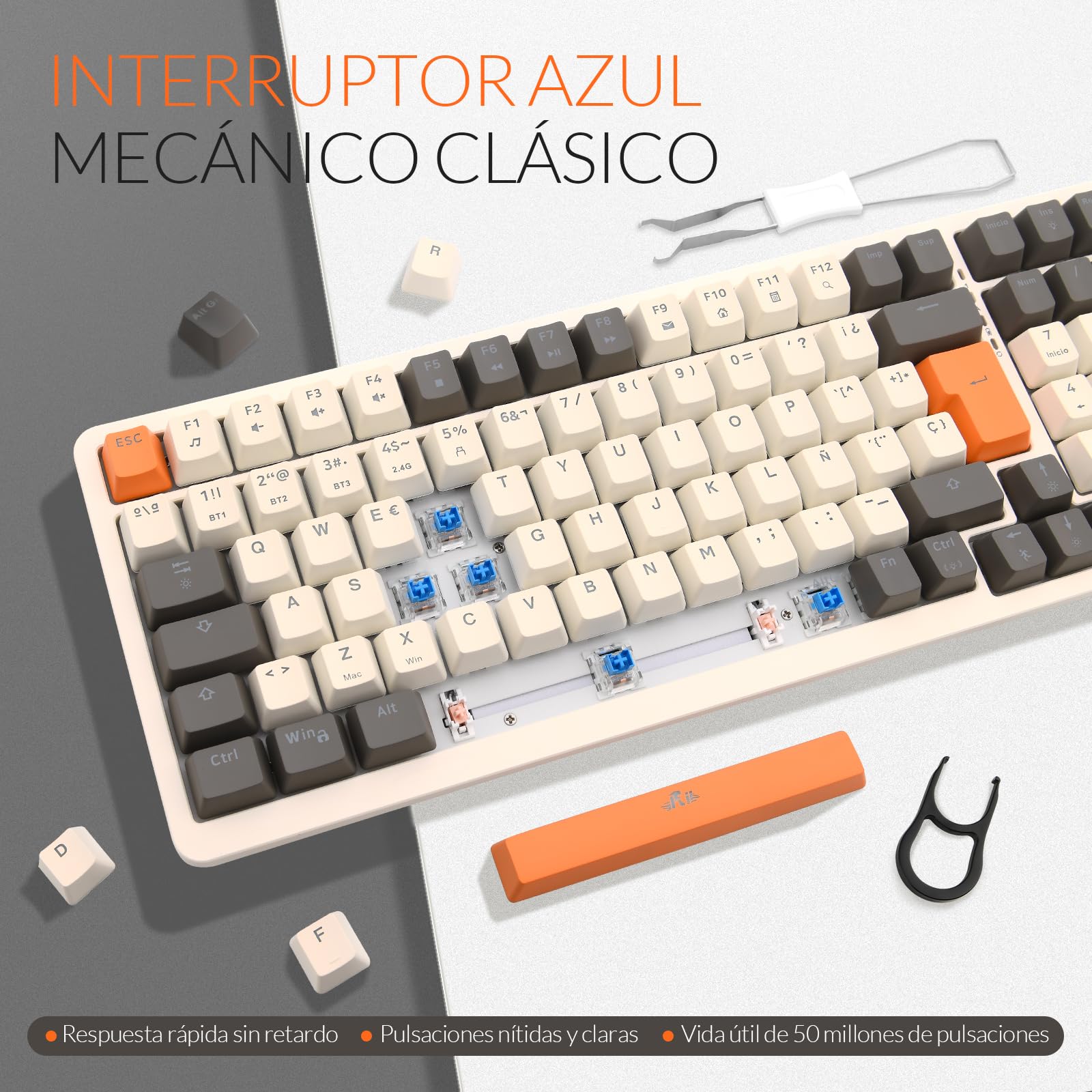 Rii RK909 Teclado 96% Gaming Mecánico, 3 Modos de Conectividad, Retroiluminación LED, Layout Español (Interruptores Azules)