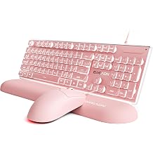 EWEADN GX710S Wired Keyboard and Mouse Combo with White Backlit Pudding Keycaps, Wrist Rest, Full Size, Metal Panel, Quiet Cute Ergonomic Computer Keyboard Mouse Set for Windows PC Desktop - Pink