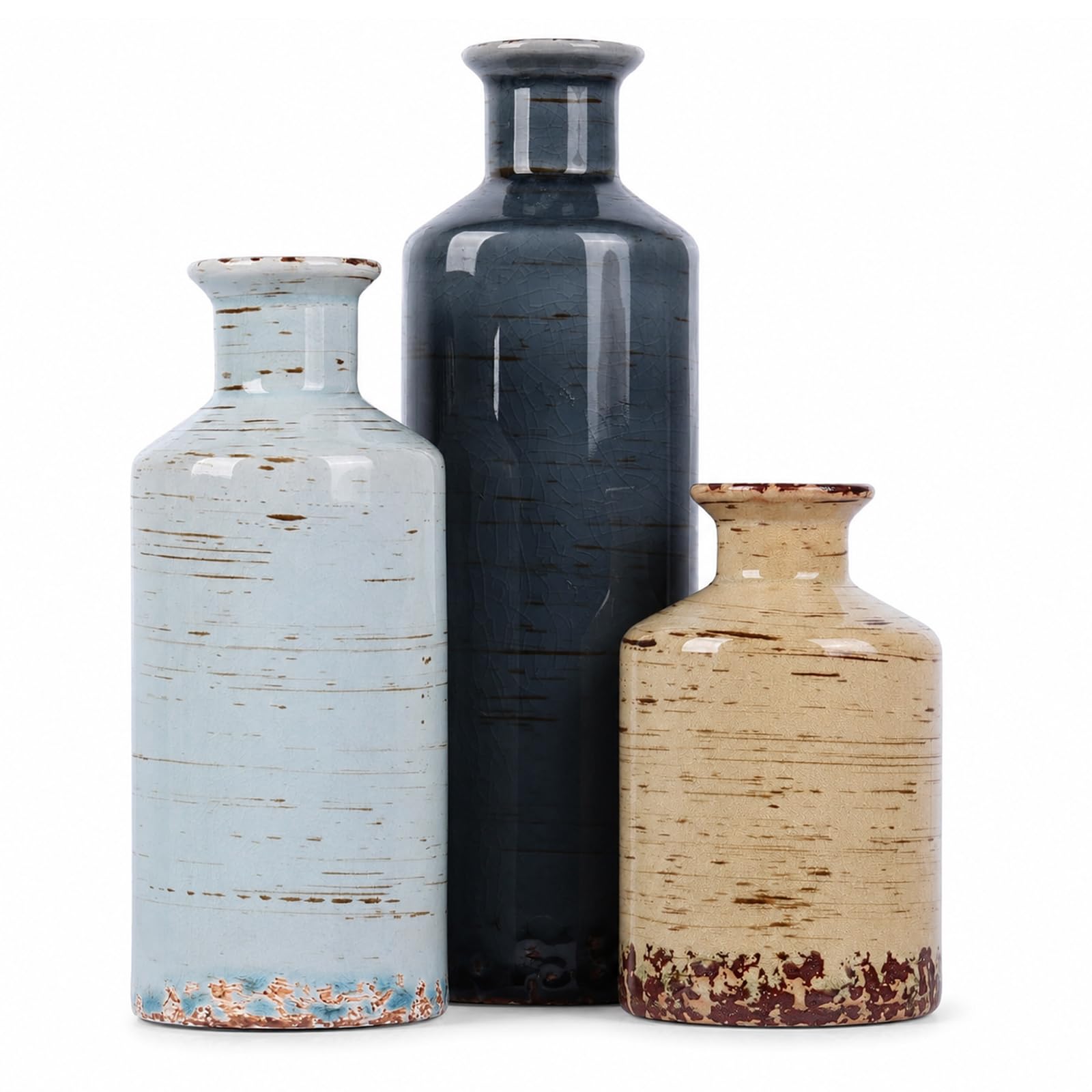 Set di 3 vasi in ceramica blu e beige, vasi rustici in ceramica smaltata invecchiata, piccoli vasi da fiori vintage per decorazione domestica, fattoria, rustico moderno, mensola, mantello