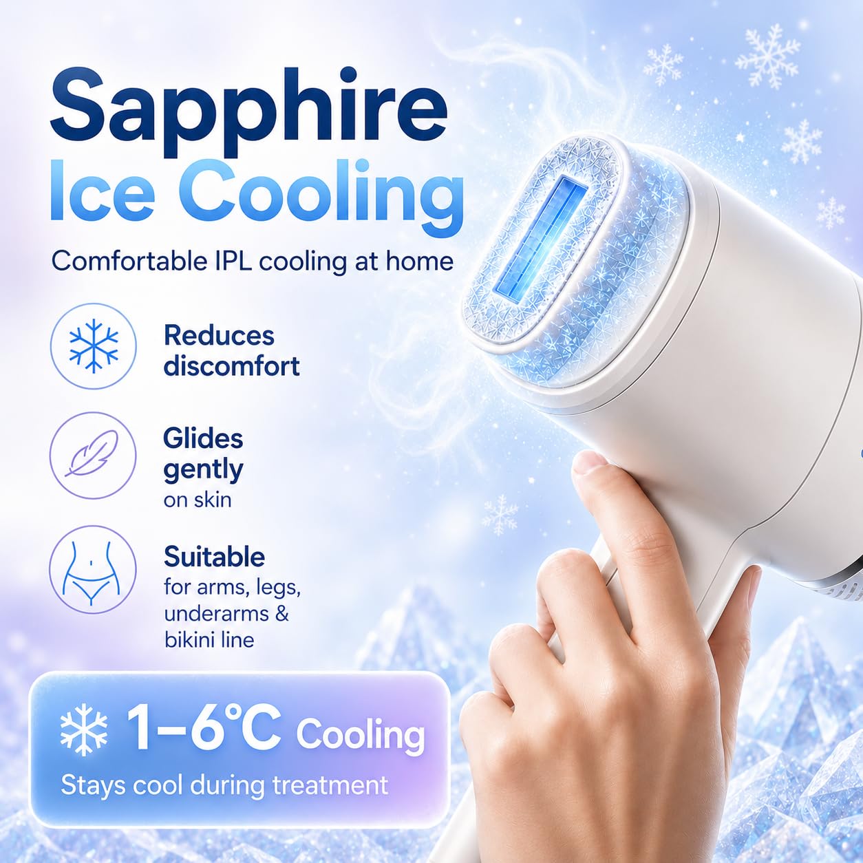 Depiladora IPL de Luz Pulsada con Refrigeración, 21 J, 9 Niveles, 3 en 1 con 2 cabezales magnéticos, modo automático y manual; para rostro, axilas, brazos, piernas e ingles | 3 en 1 con 2 cabezales magnéticos para cara, axilas, piernas y línea del bikini,