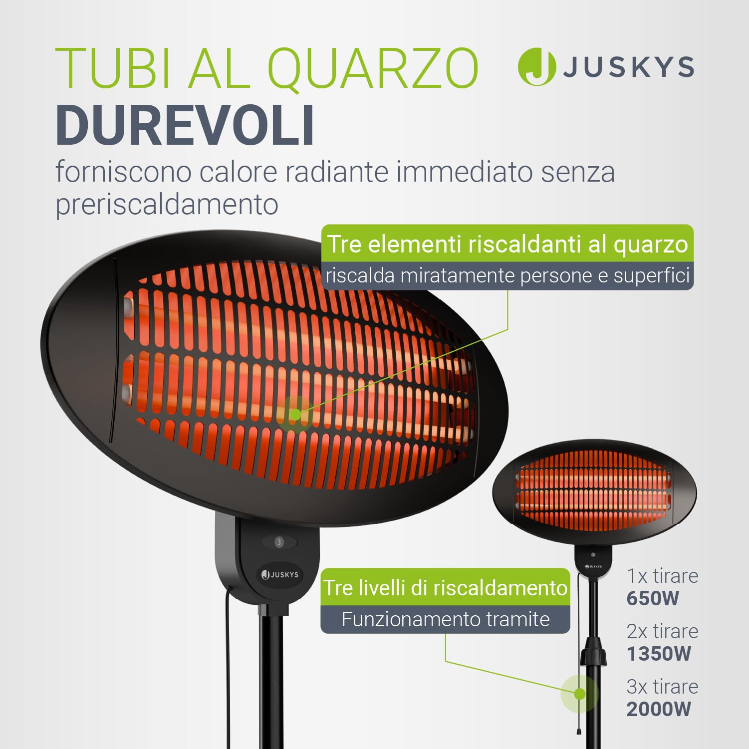Juskys stufa a infrarossi 2000W – Nero, riscaldatore da esterno con supporto telescopico & 3 potenze per balcone & patio