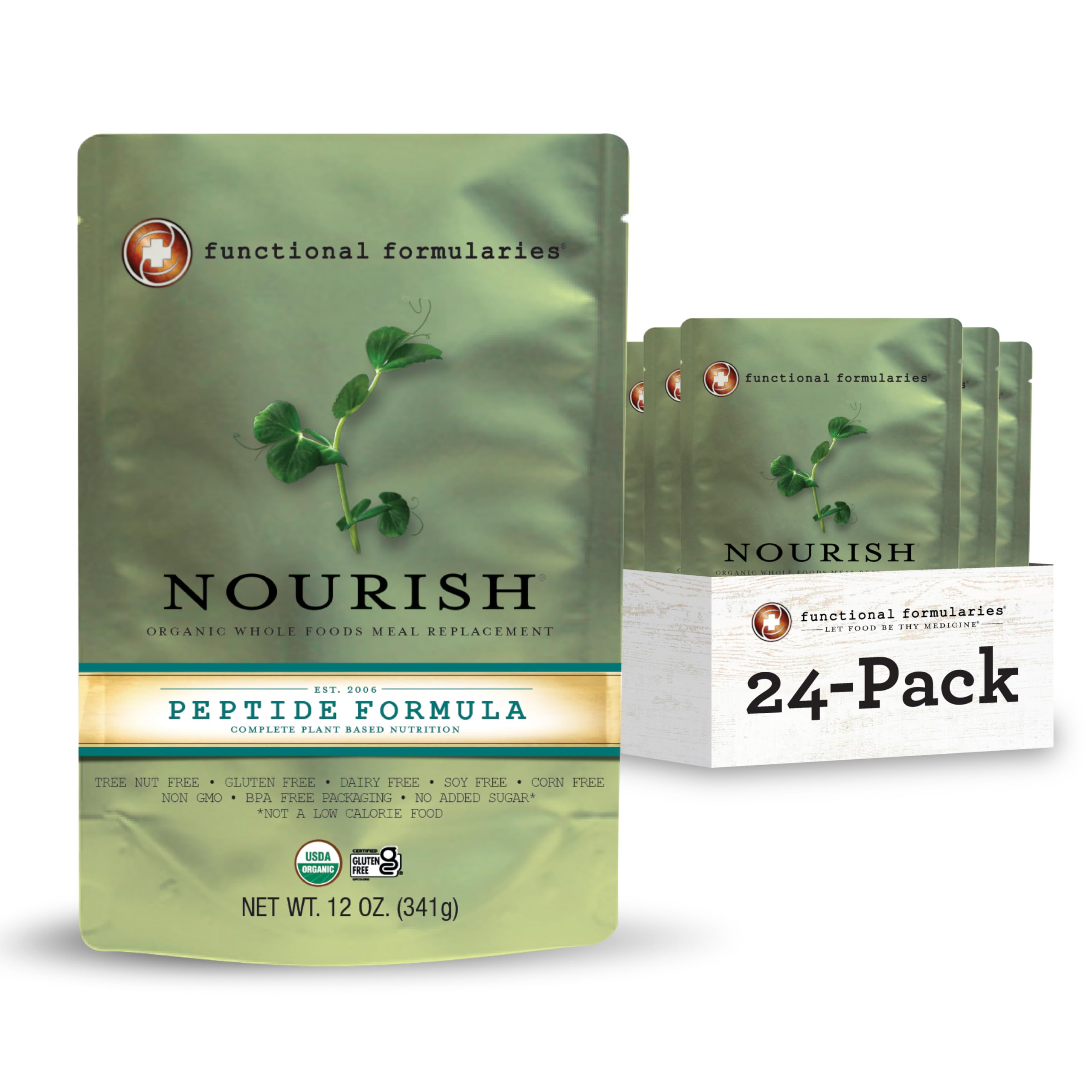 Functional Formularies Nourish Peptide Organic Tube Feeding Formula and Nutritional Meal Replacement Supplement, 12 Oz Pouch, Pack of 24