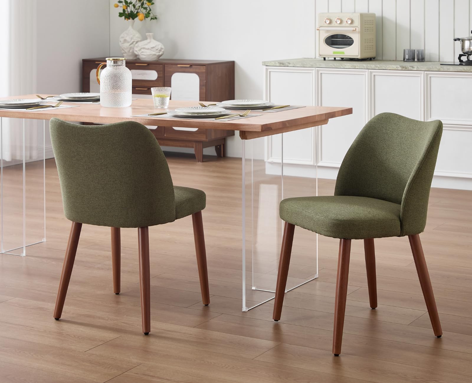 chairus 2 PZ Sedie da Pranzo in Tessuto di Lino con Gambe in Legno, Verde | Sedia Cucina con Schienale Curvo Sedia Imbottita Sedie Moderna per Sala da Pranzo/Soggiorno/Ristorante