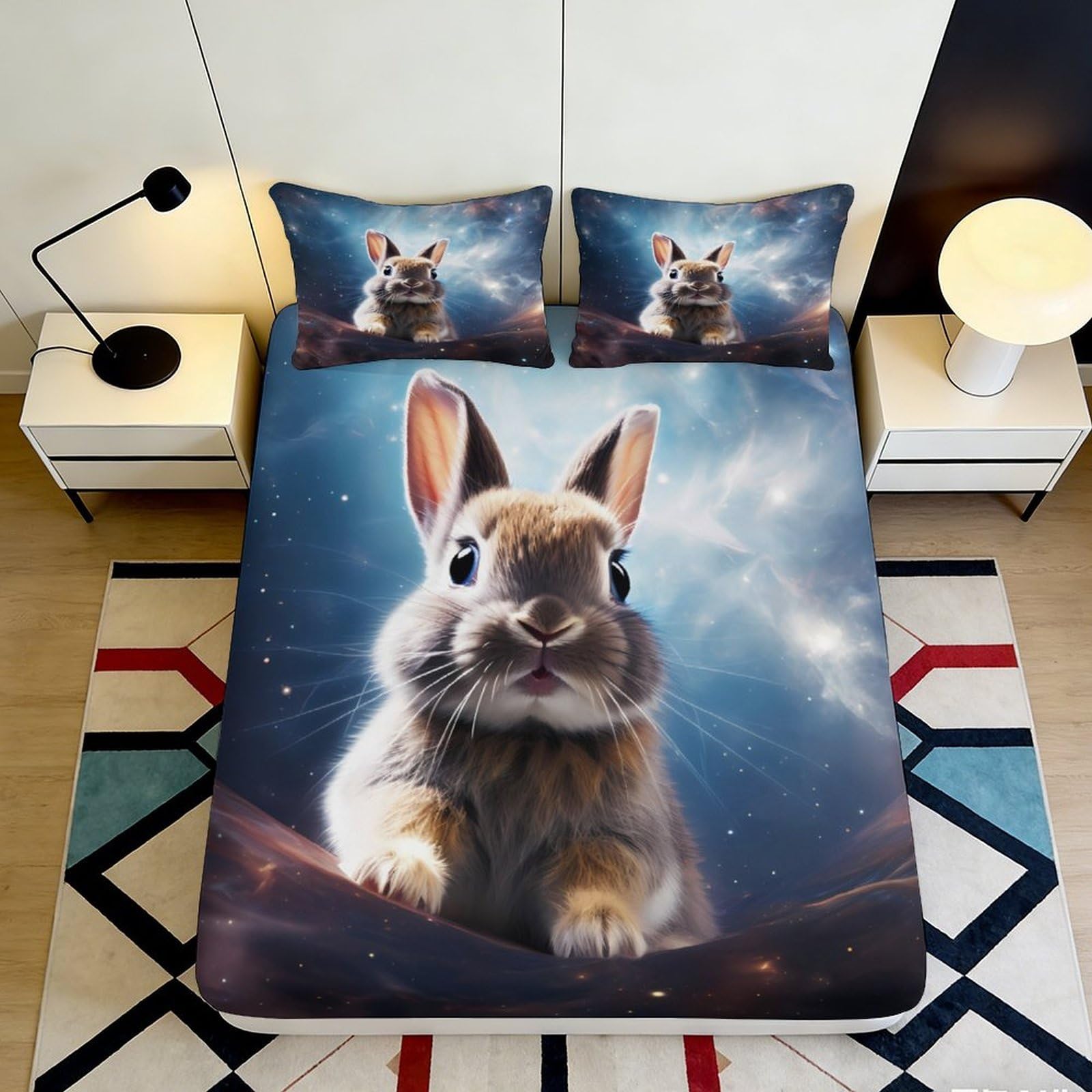 3D Printed Space Rabbit Fitted Sheet Microfiber Soft Durable Cosmic Nebula Bed Cover for Bedroom Dormitory Guest Room Mattress Protection 180x200x25cm