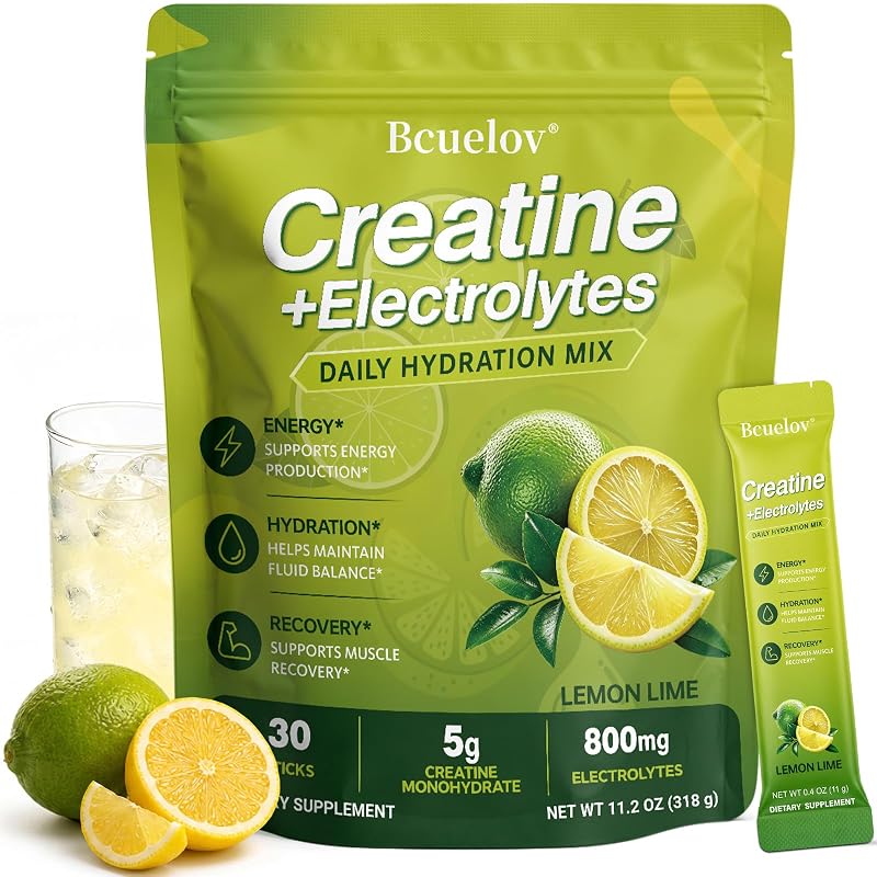 Bcuelov Creatina com eletrólitos em pó, sabor limão-lima, 5 g de creatina monohidratada, 30 sachês