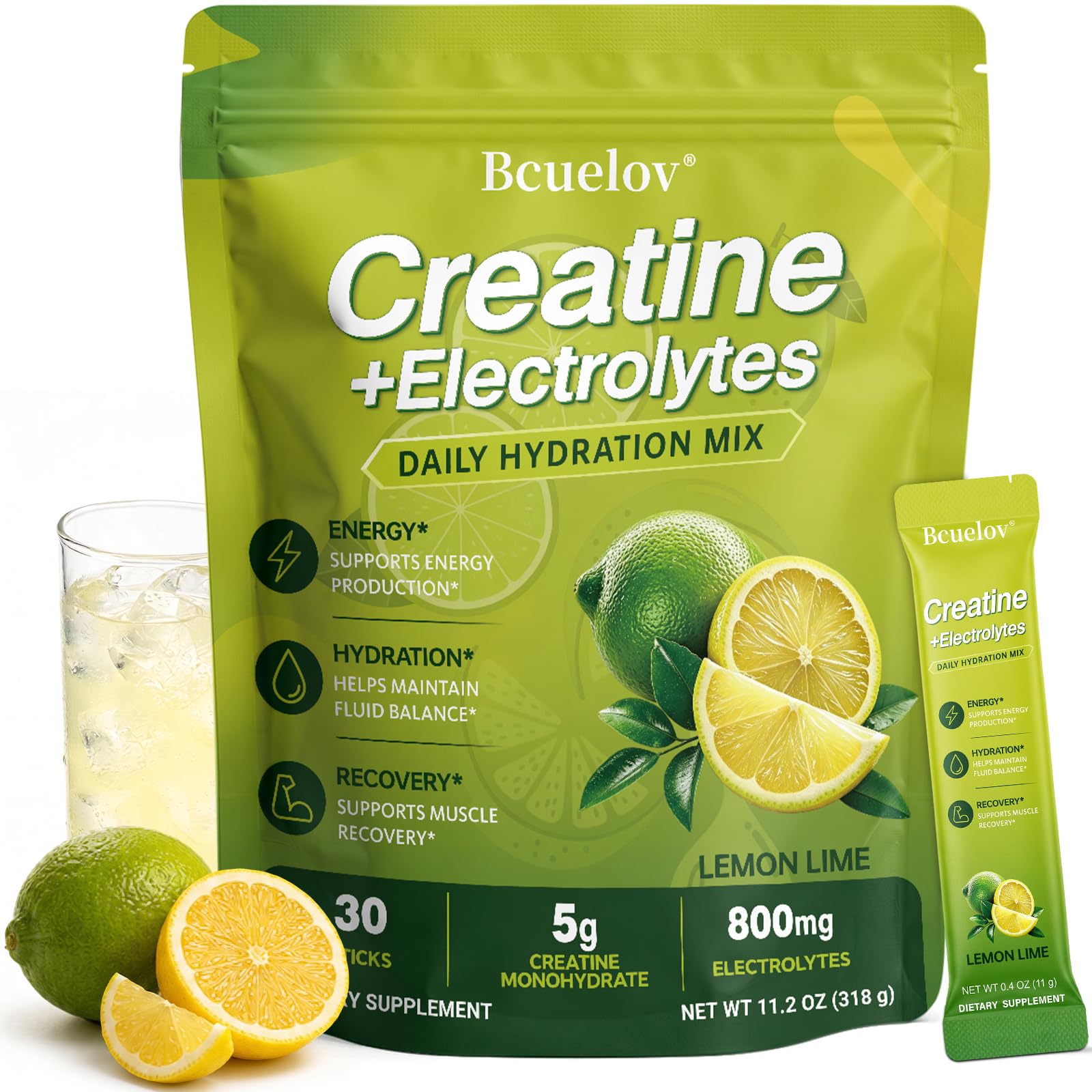 Bcuelov Creatine + Electrolytes Powder Sticks – Lemon Lime