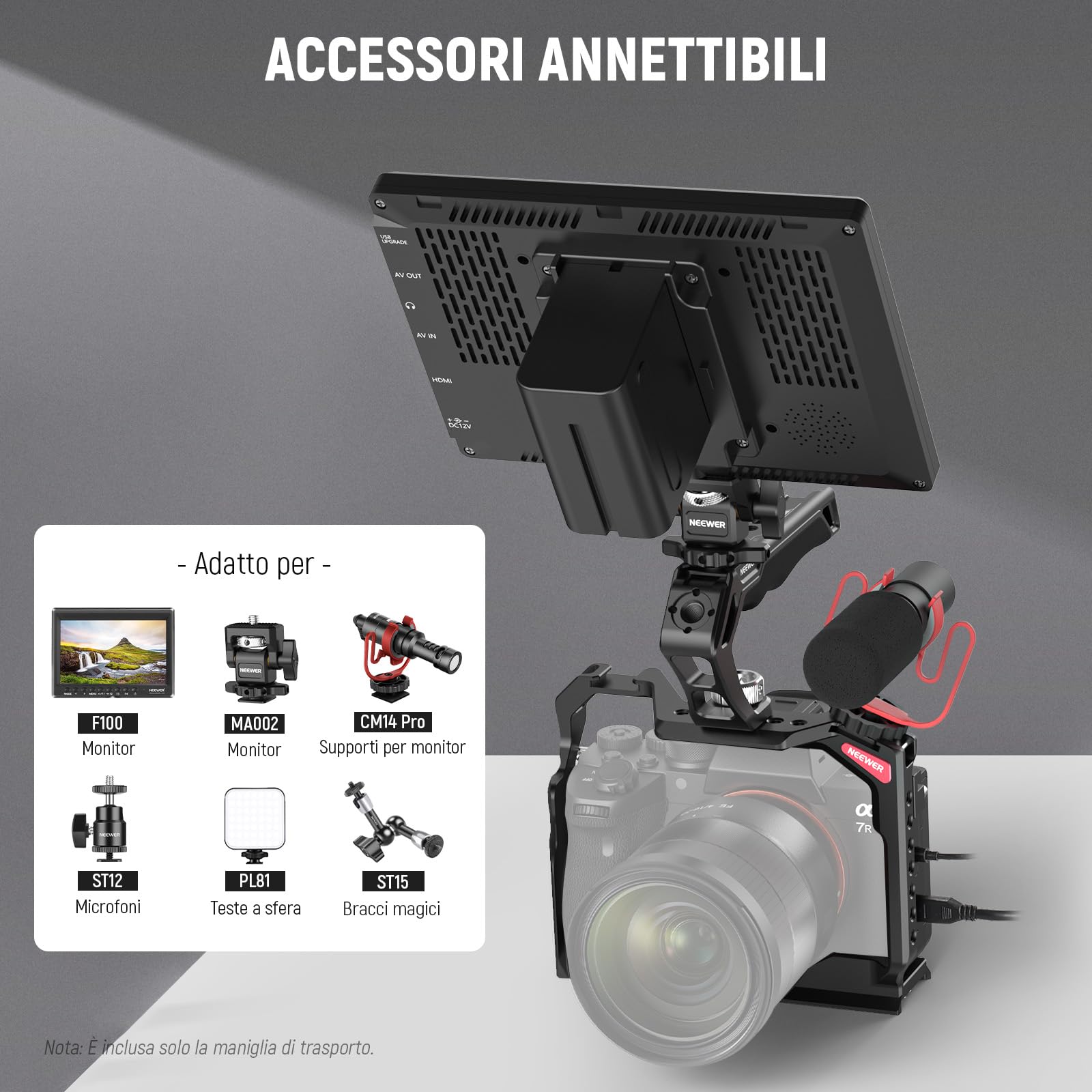 NEEWER Impugnatura superiore per fotocamera con 3/8", comoda impugnatura in silicone con filettatura da 1/4" 3/8", Cold Shoes, panno per la pulizia, compatibile con SmallRig Handles Gabbie video Rigs