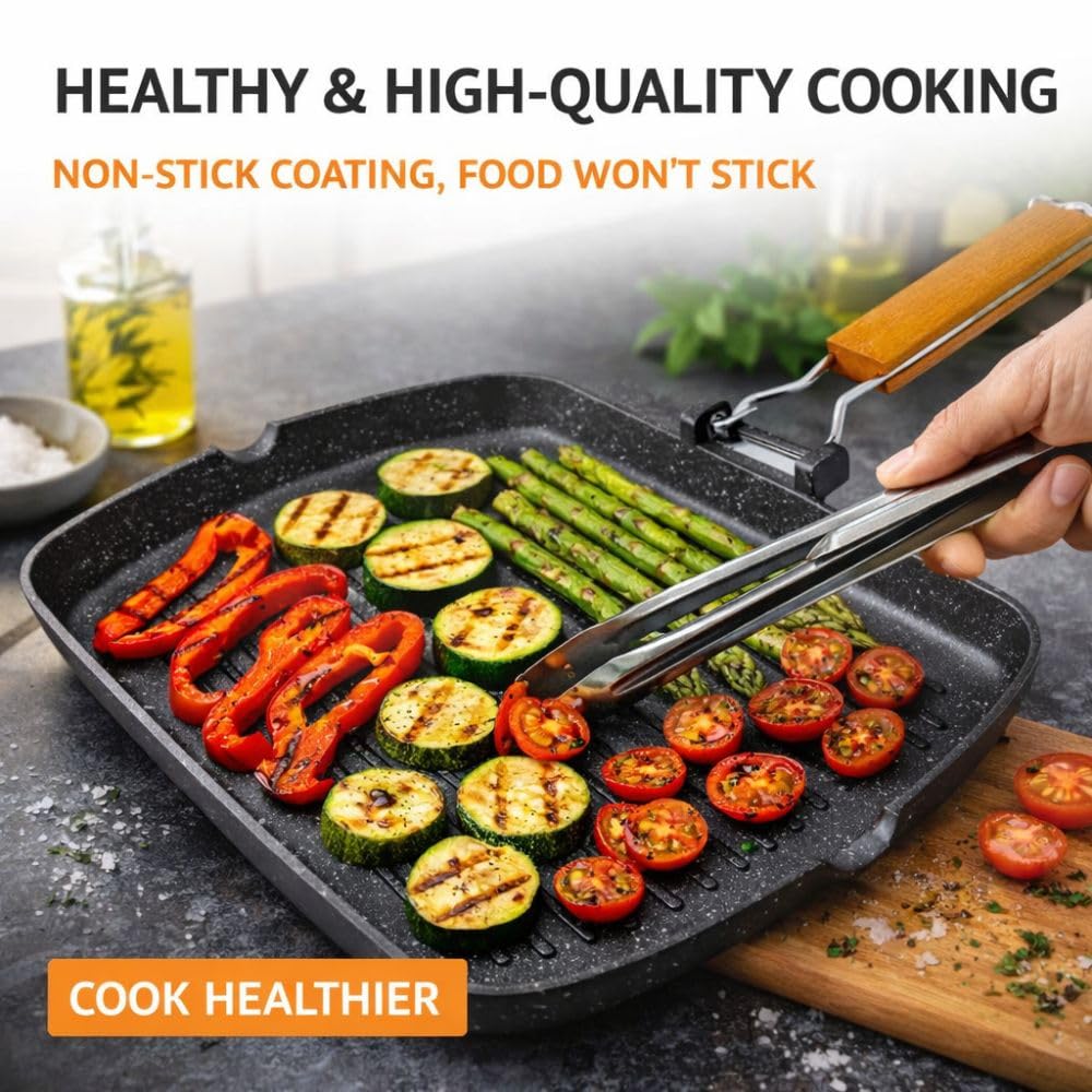 Bistecchiera 36x26 cm in Alluminio con Rivestimento in Pietra Antiaderente – Grill Pan Ultraresistente per Cottura Sana Senza Olio – Manico Ergonomico Pieghevole