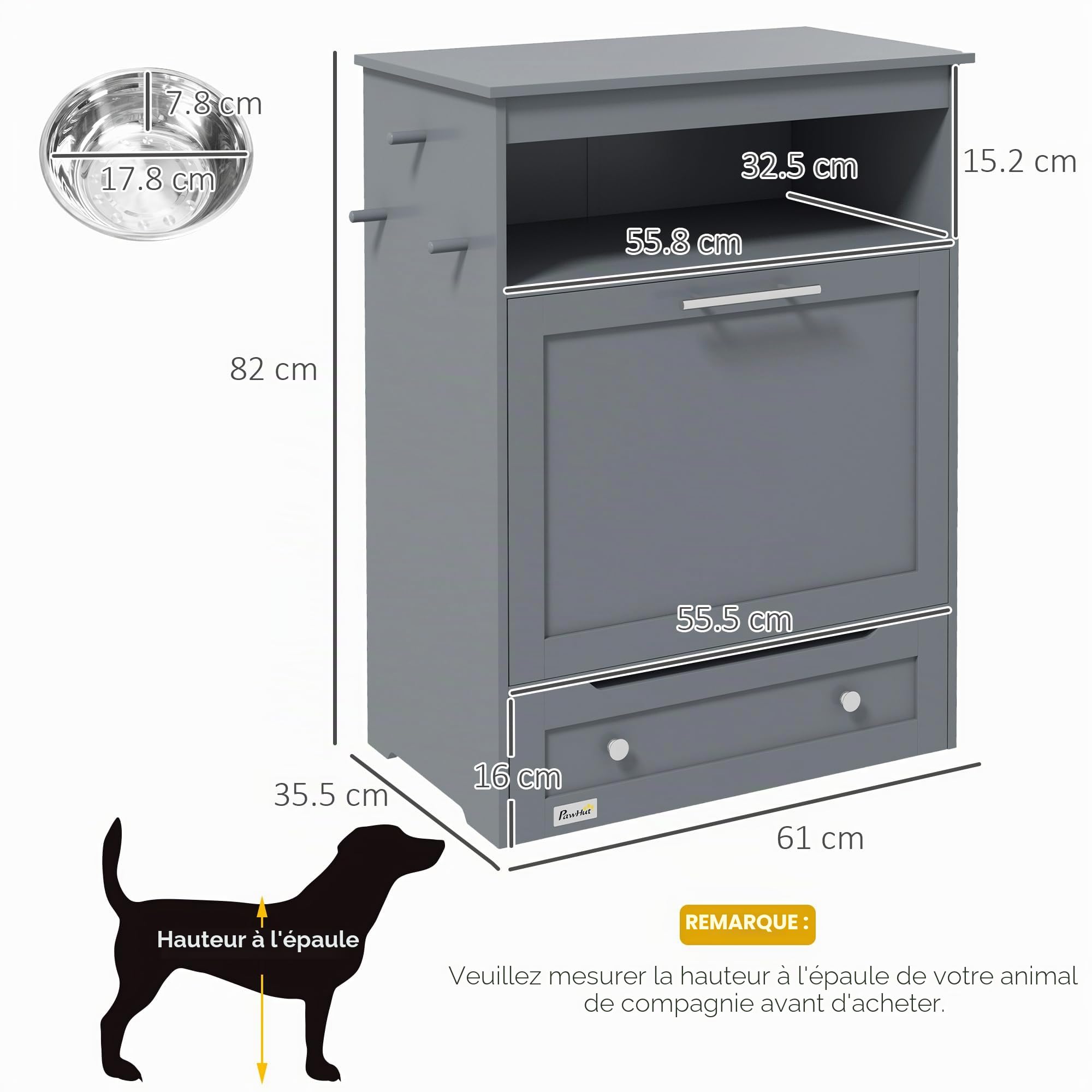 Station de mangeoire PawHut pour animaux de compagnie, contenant de rangement pour nourriture pour chien avec gamelles surélevées, crochet, pour nourriture et eau - Gris