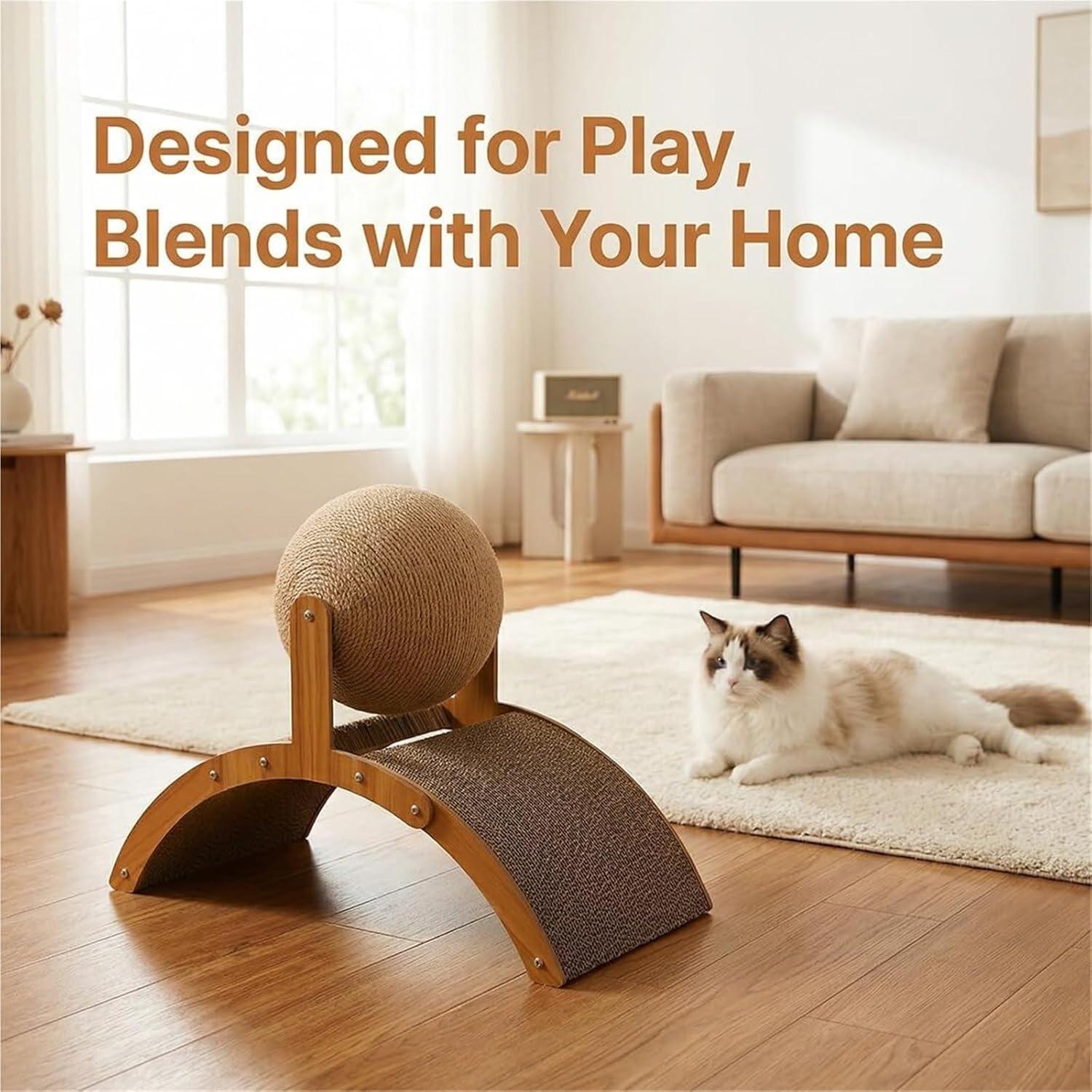 Cat Scratching Ball Holder - Durable sisal Ball with Wooden Base, Promotes cat Scratching, Promotes Claw Health, and Provides Fun - Ideal for Indoor use(L)