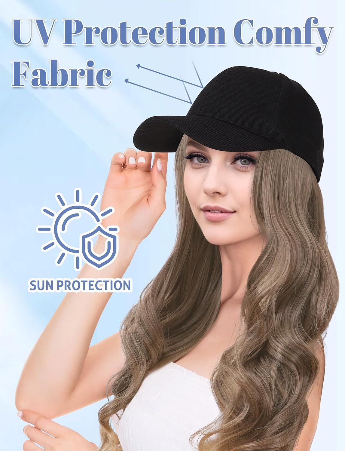 Women Hat Wig Hair Extensions Baseball Cap with Hairnet Long Natural Wave Hairstyle Hats for Ladies Daily Use